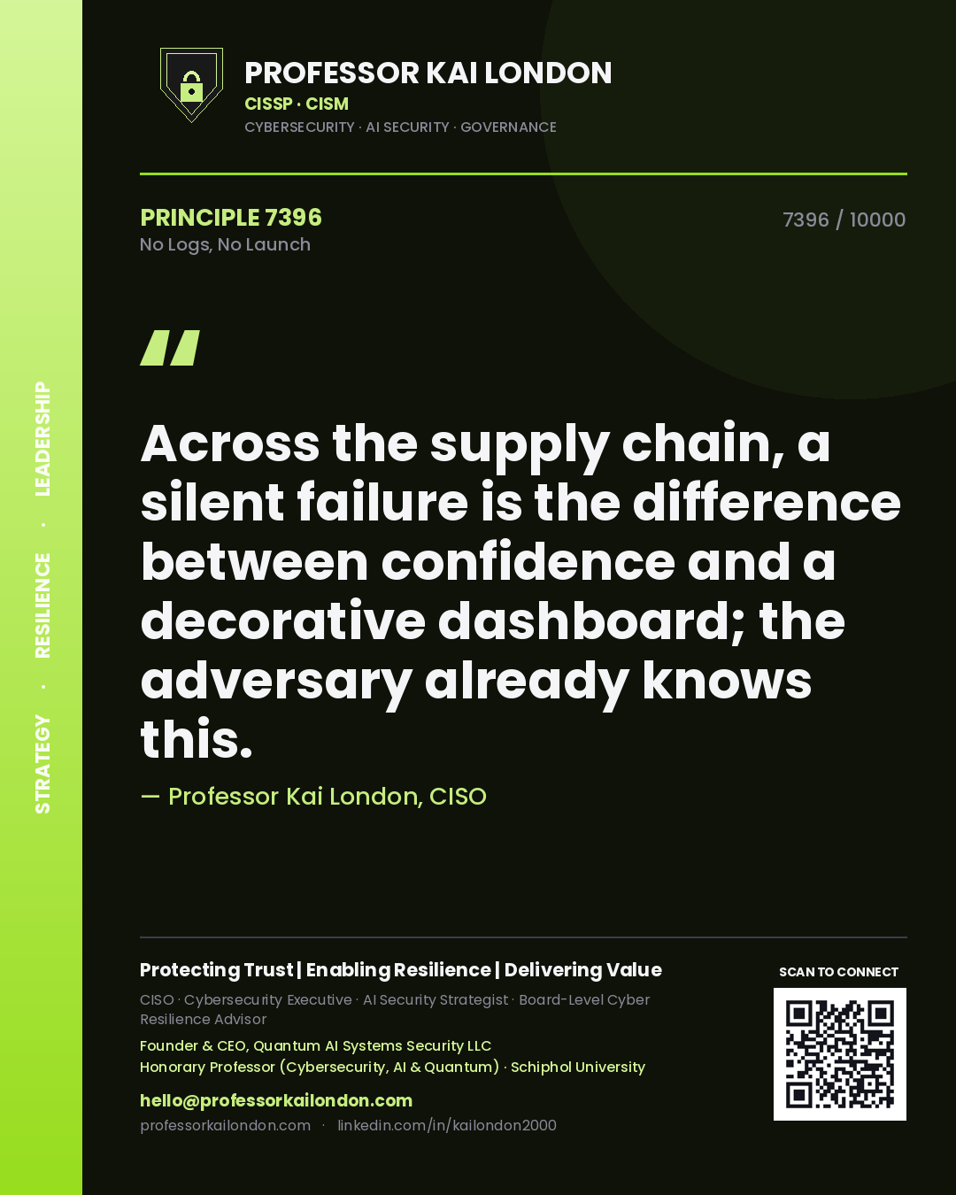 Quote card by Professor Kai London reading 'Across the supply chain, a silent failure is the difference between confidence and a decorative dashboard; the adversary already knows this.'. From the book No Logs, No Launch.