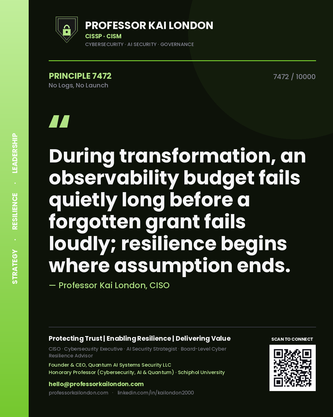 Quote card by Professor Kai London reading 'During transformation, an observability budget fails quietly long before a forgotten grant fails loudly; resilience begins where assumption ends.'. From the book No Logs, No Launch.