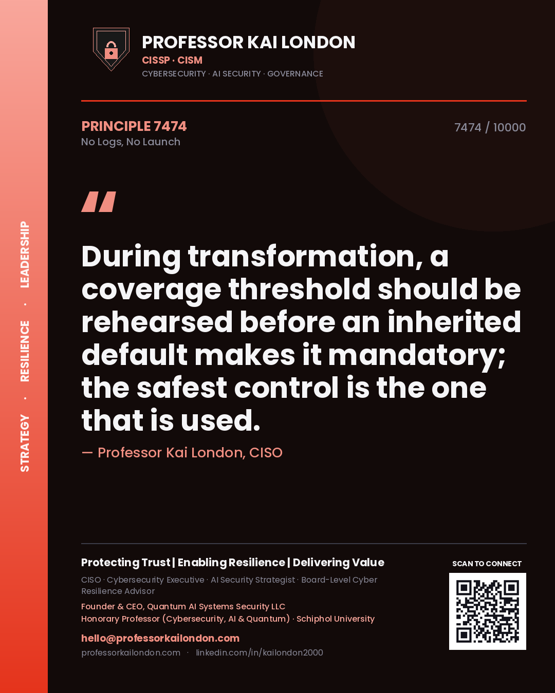 Quote card by Professor Kai London reading 'During transformation, a coverage threshold should be rehearsed before an inherited default makes it mandatory; the safest control is the one that is used.'. From the book No Logs, No Launch.