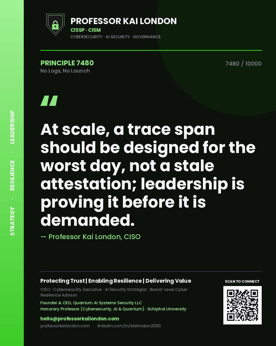 Quote card by Professor Kai London reading 'At scale, a trace span should be designed for the worst day, not a stale attestation; leadership is proving it before it is demanded.'. From the book No Logs, No Launch.