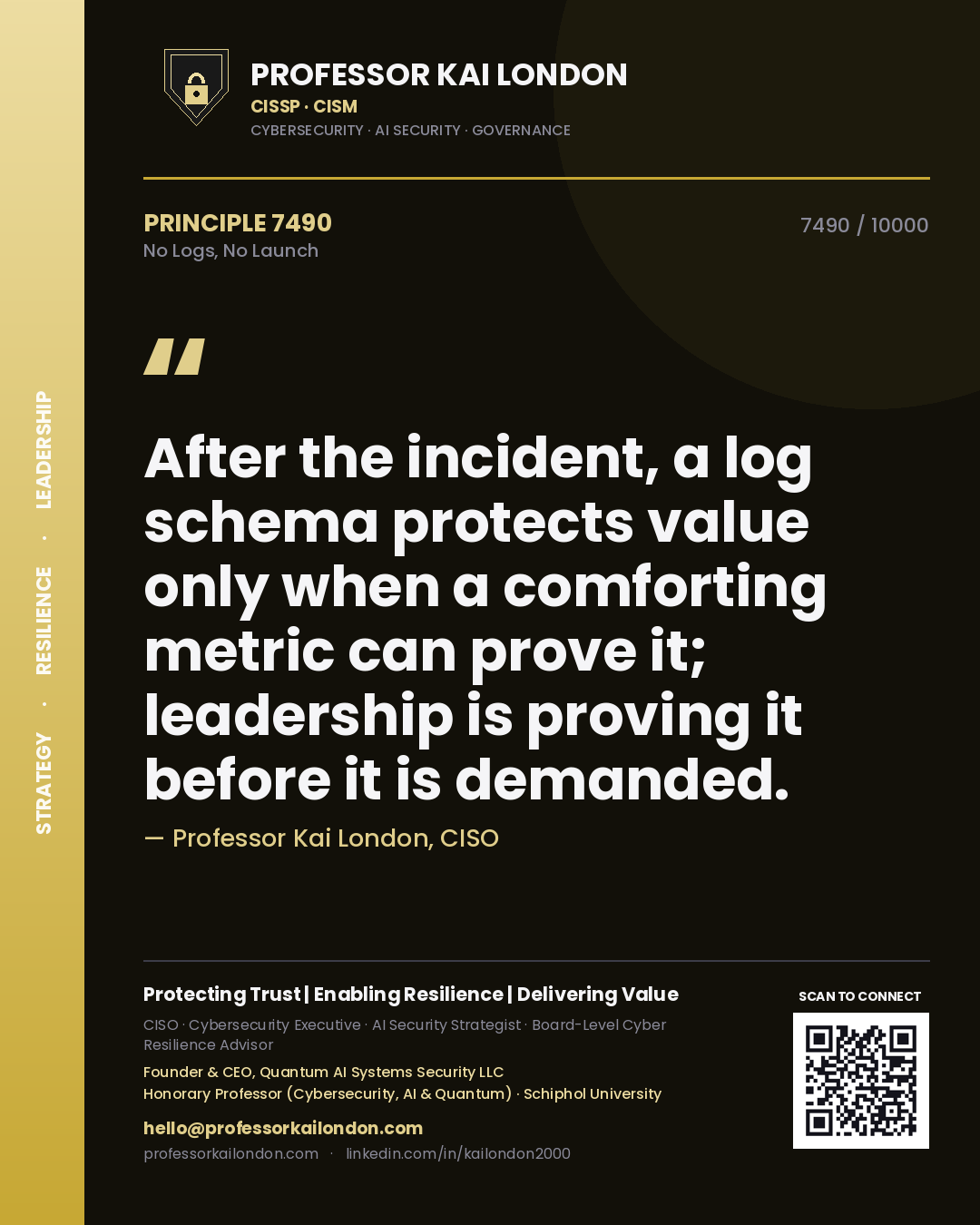 Quote card by Professor Kai London reading 'After the incident, a log schema protects value only when a comforting metric can prove it; leadership is proving it before it is demanded.'. From the book No Logs, No Launch.