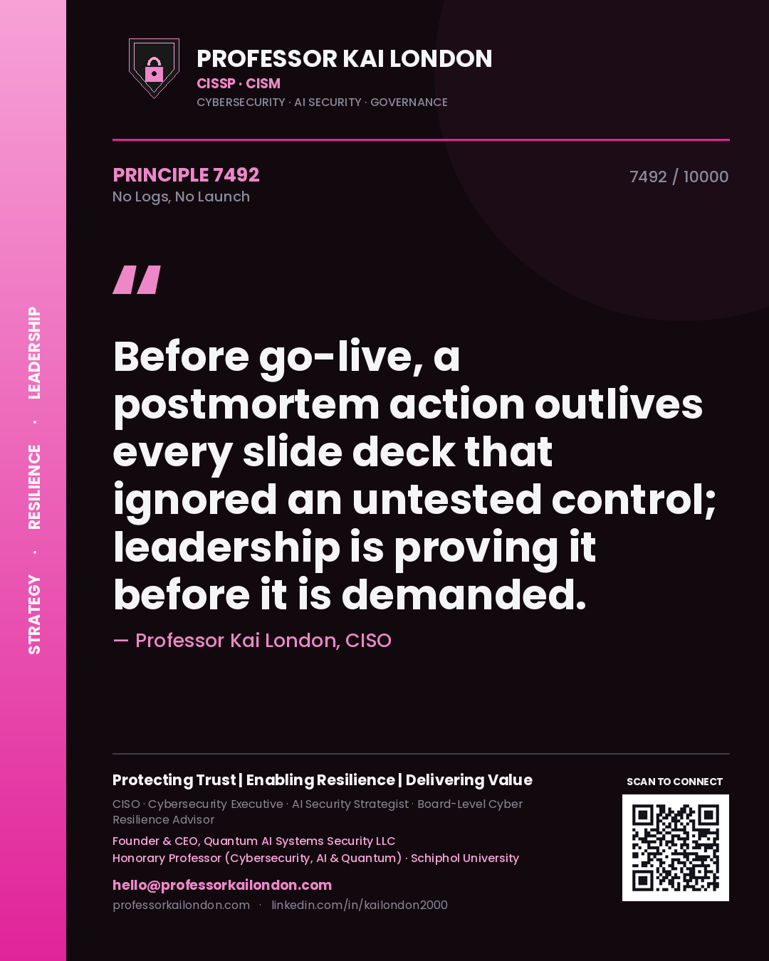 Quote card by Professor Kai London reading 'Before go-live, a postmortem action outlives every slide deck that ignored an untested control; leadership is proving it before it is demanded.'. From the book No Logs, No Launch.