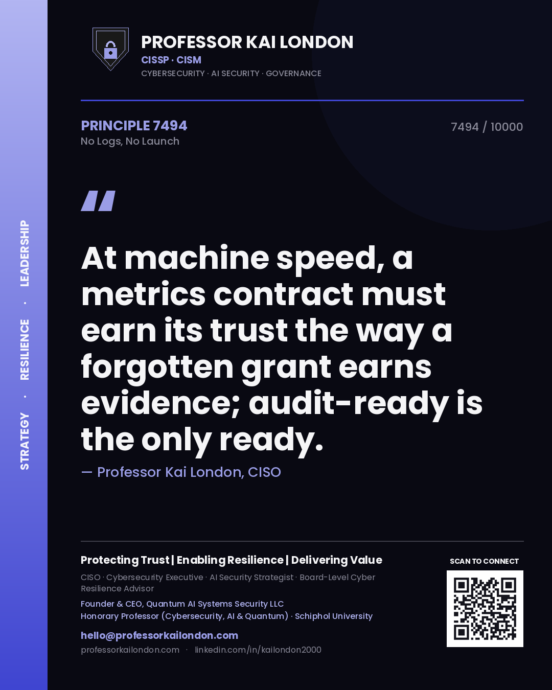 Quote card by Professor Kai London reading 'At machine speed, a metrics contract must earn its trust the way a forgotten grant earns evidence; audit-ready is the only ready.'. From the book No Logs, No Launch.