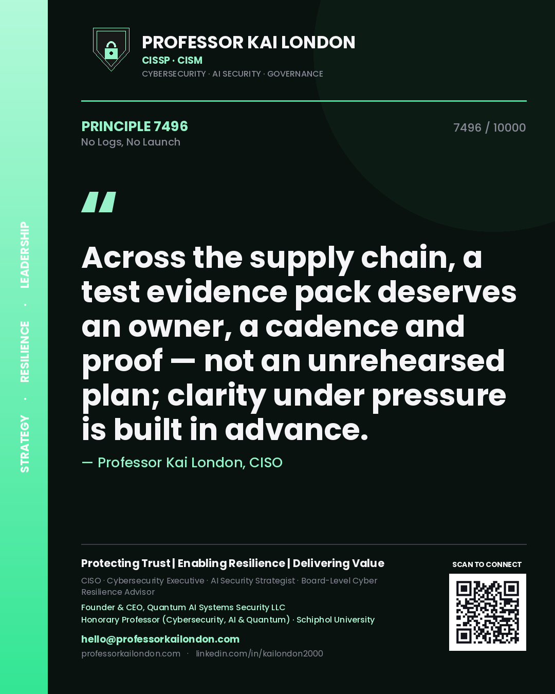 Quote card by Professor Kai London reading 'Across the supply chain, a test evidence pack deserves an owner, a cadence and proof — not an unrehearsed plan; clarity under pressure is built in advance.'. From the book No Logs, No Launch.