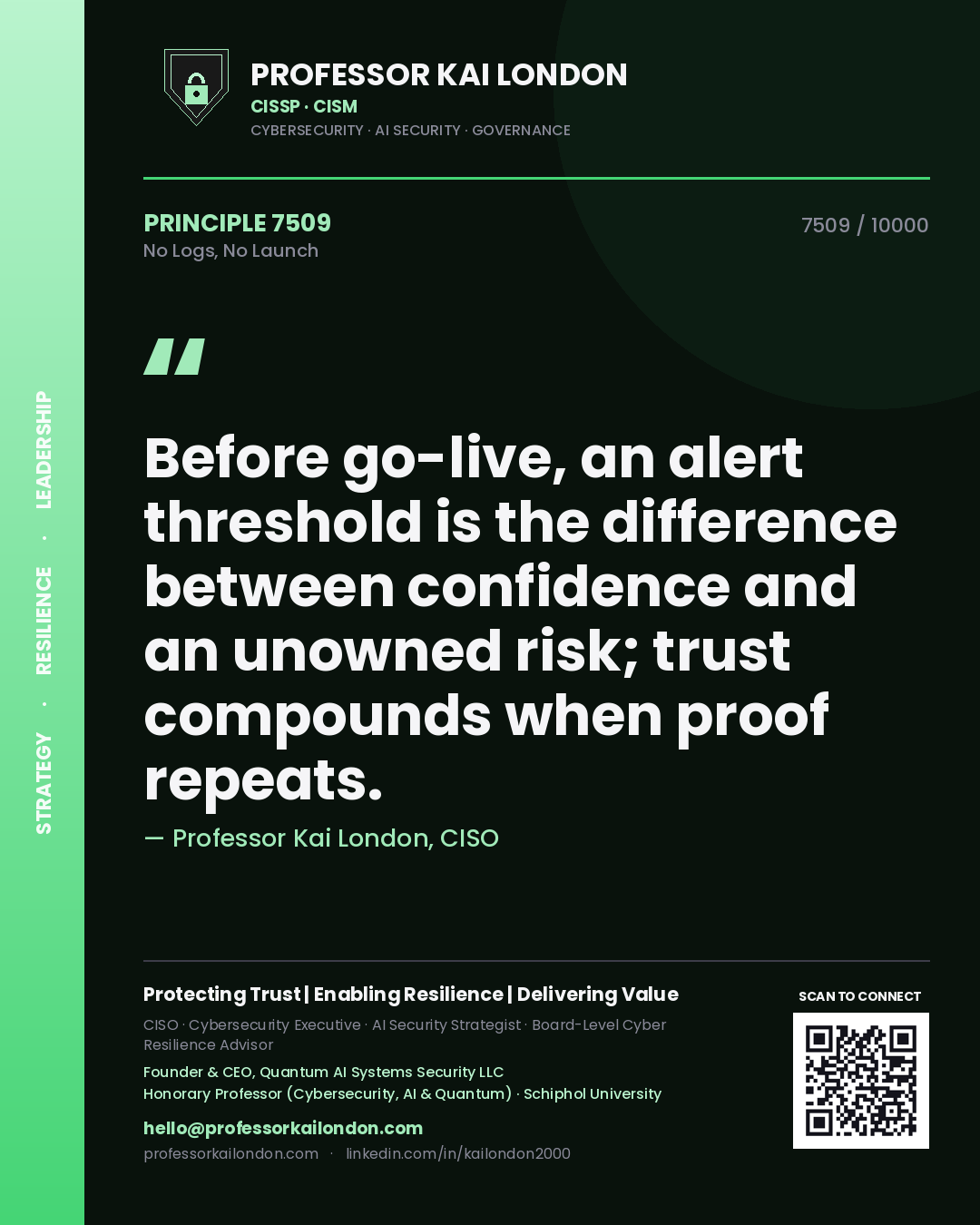 Quote card by Professor Kai London reading 'Before go-live, an alert threshold is the difference between confidence and an unowned risk; trust compounds when proof repeats.'. From the book No Logs, No Launch.