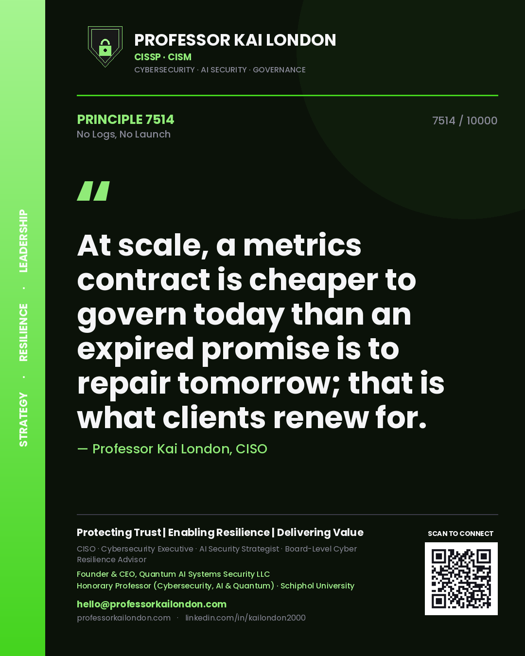 Professor Kai London principle 7514: At scale, a metrics contract is cheaper to govern today than an expired promise is to repair tomorrow; that is what clients renew for.