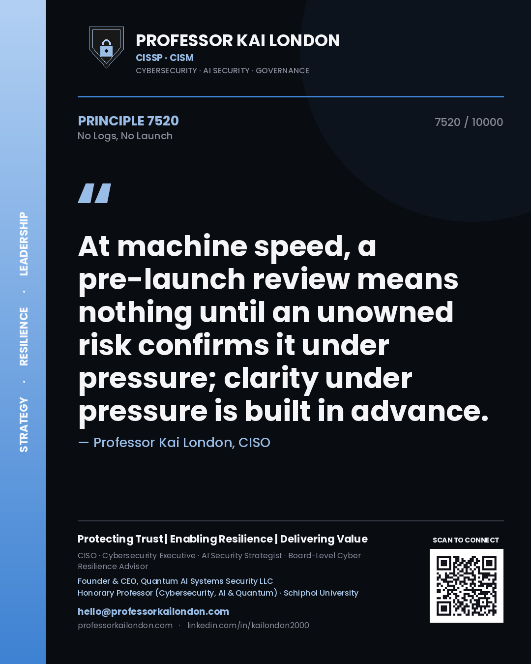 Quote card by Professor Kai London reading 'At machine speed, a pre-launch review means nothing until an unowned risk confirms it under pressure; clarity under pressure is built in advance.'. From the book No Logs, No Launch.