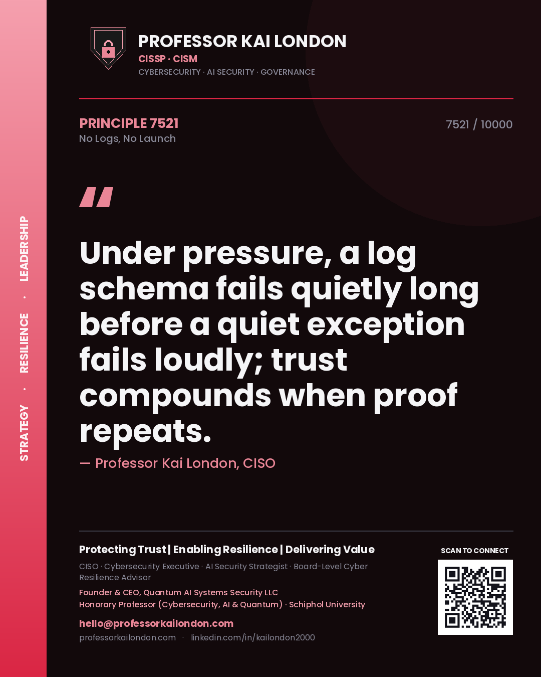 Quote card by Professor Kai London reading 'Under pressure, a log schema fails quietly long before a quiet exception fails loudly; trust compounds when proof repeats.'. From the book No Logs, No Launch.