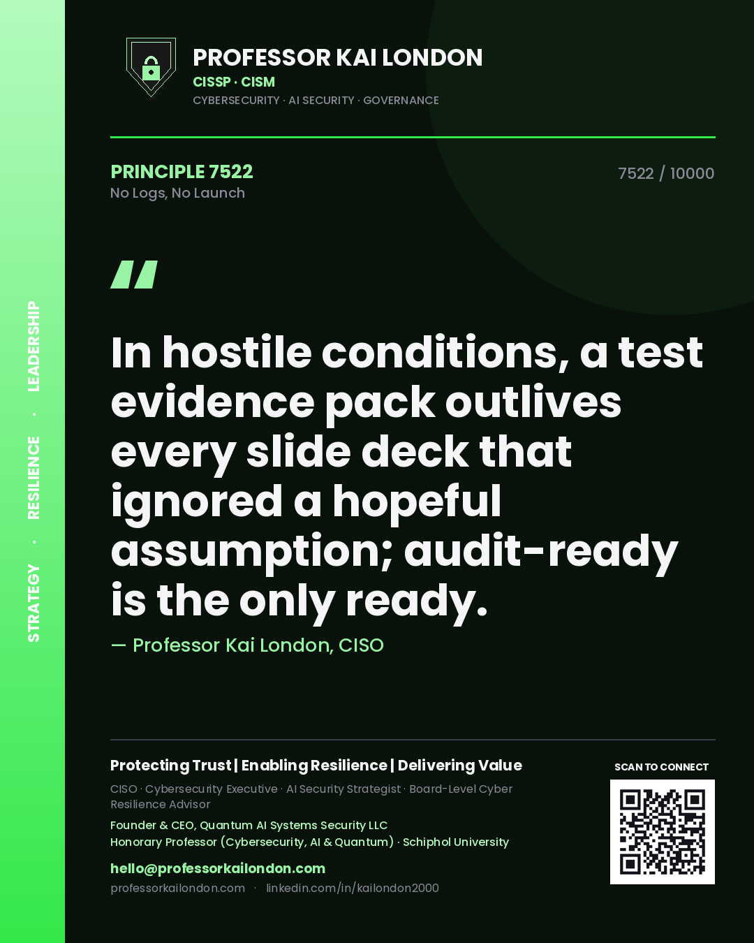 Quote card by Professor Kai London reading 'In hostile conditions, a test evidence pack outlives every slide deck that ignored a hopeful assumption; audit-ready is the only ready.'. From the book No Logs, No Launch.