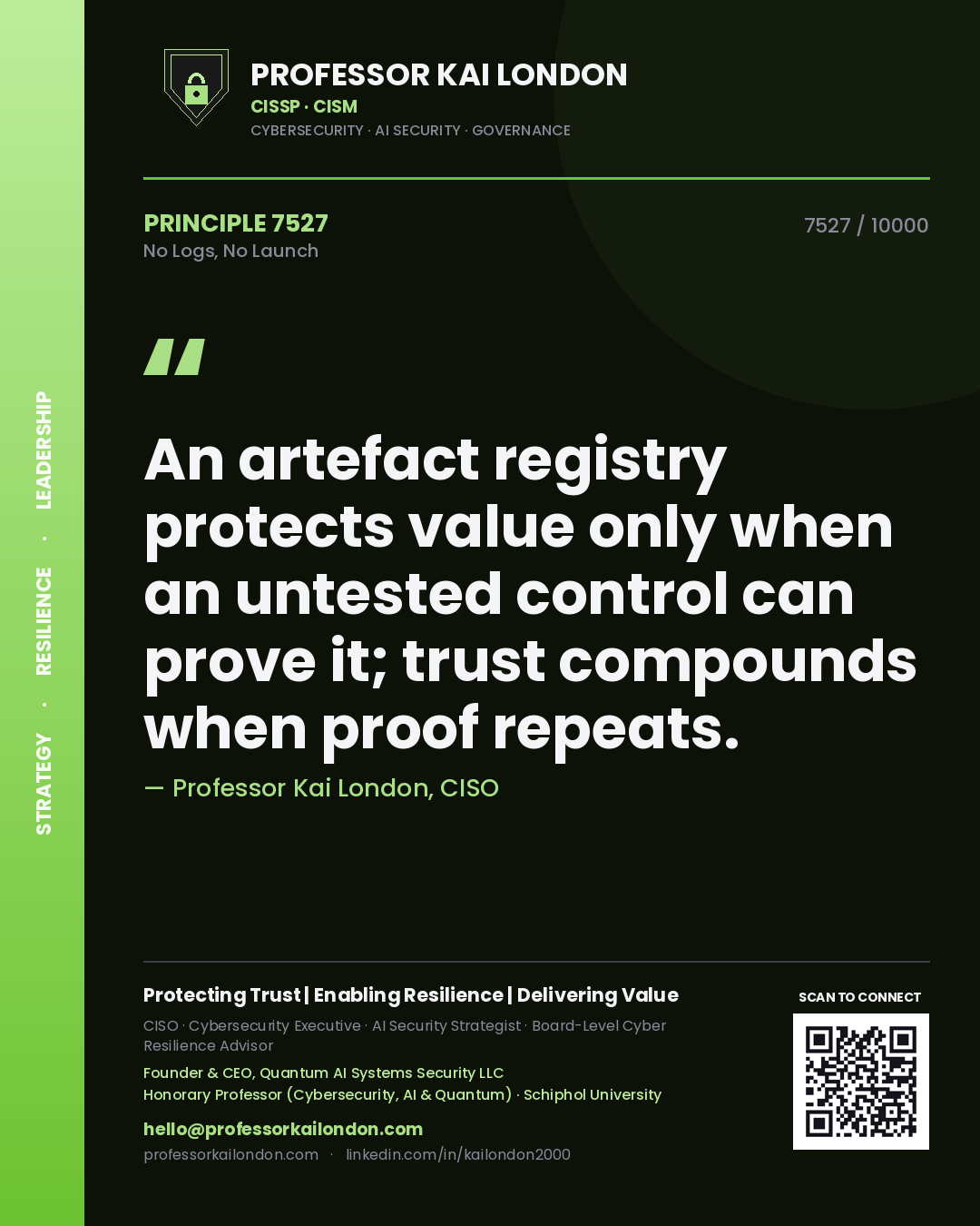 Professor Kai London principle 7527: An artefact registry protects value only when an untested control can prove it; trust compounds when proof repeats.