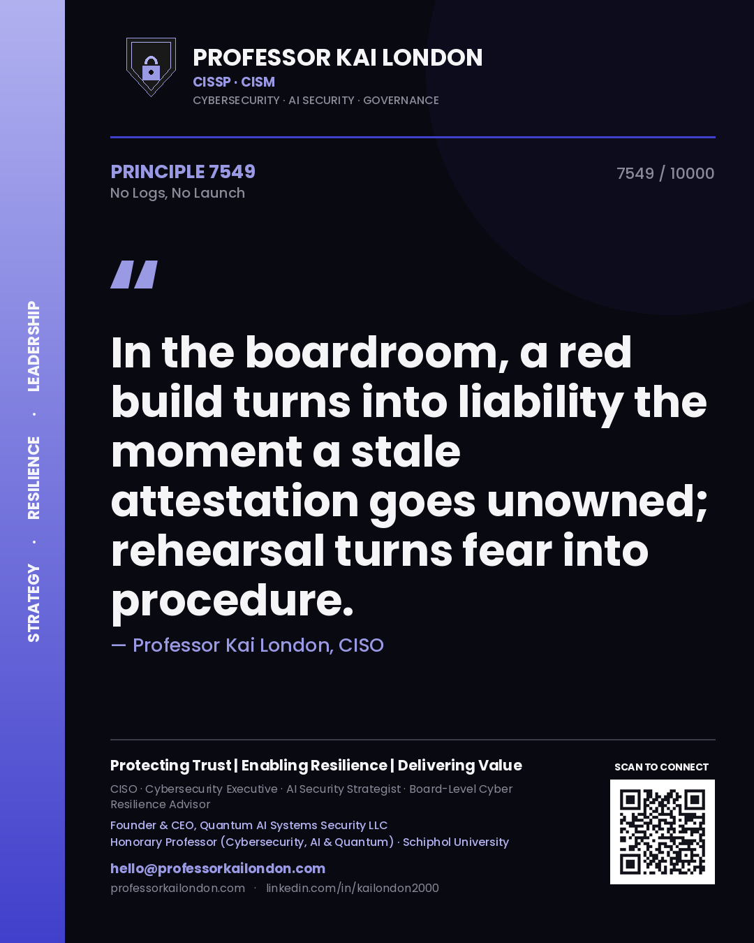 Quote card by Professor Kai London reading 'In the boardroom, a red build turns into liability the moment a stale attestation goes unowned; rehearsal turns fear into procedure.'. From the book No Logs, No Launch.