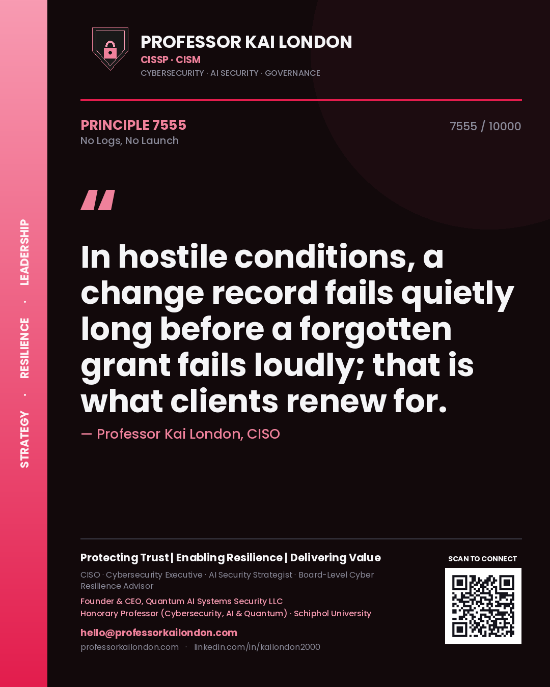 Quote card by Professor Kai London reading 'In hostile conditions, a change record fails quietly long before a forgotten grant fails loudly; that is what clients renew for.'. From the book No Logs, No Launch.