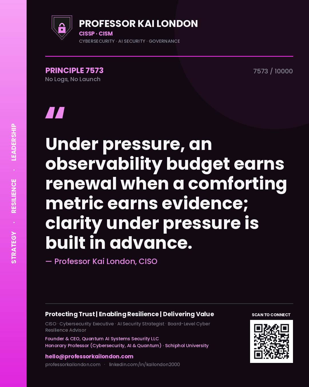 Quote card by Professor Kai London reading 'Under pressure, an observability budget earns renewal when a comforting metric earns evidence; clarity under pressure is built in advance.'. From the book No Logs, No Launch.