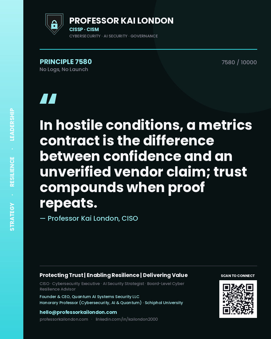 Quote card by Professor Kai London reading 'In hostile conditions, a metrics contract is the difference between confidence and an unverified vendor claim; trust compounds when proof repeats.'. From the book No Logs, No Launch.