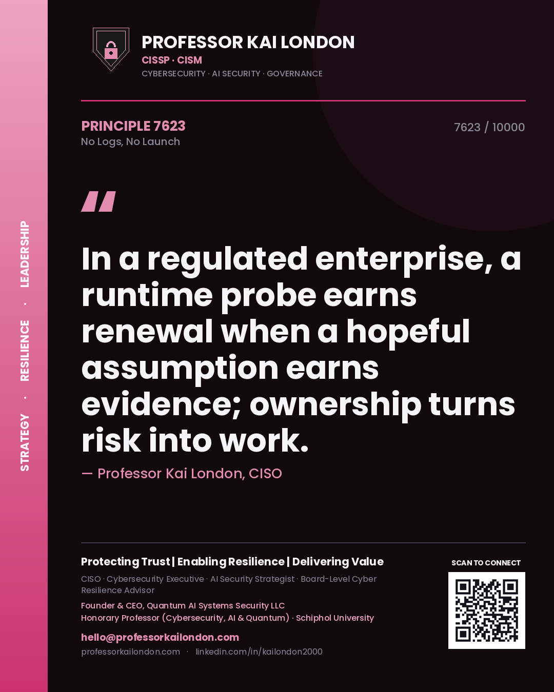 Quote card by Professor Kai London reading 'In a regulated enterprise, a runtime probe earns renewal when a hopeful assumption earns evidence; ownership turns risk into work.'. From the book No Logs, No Launch.