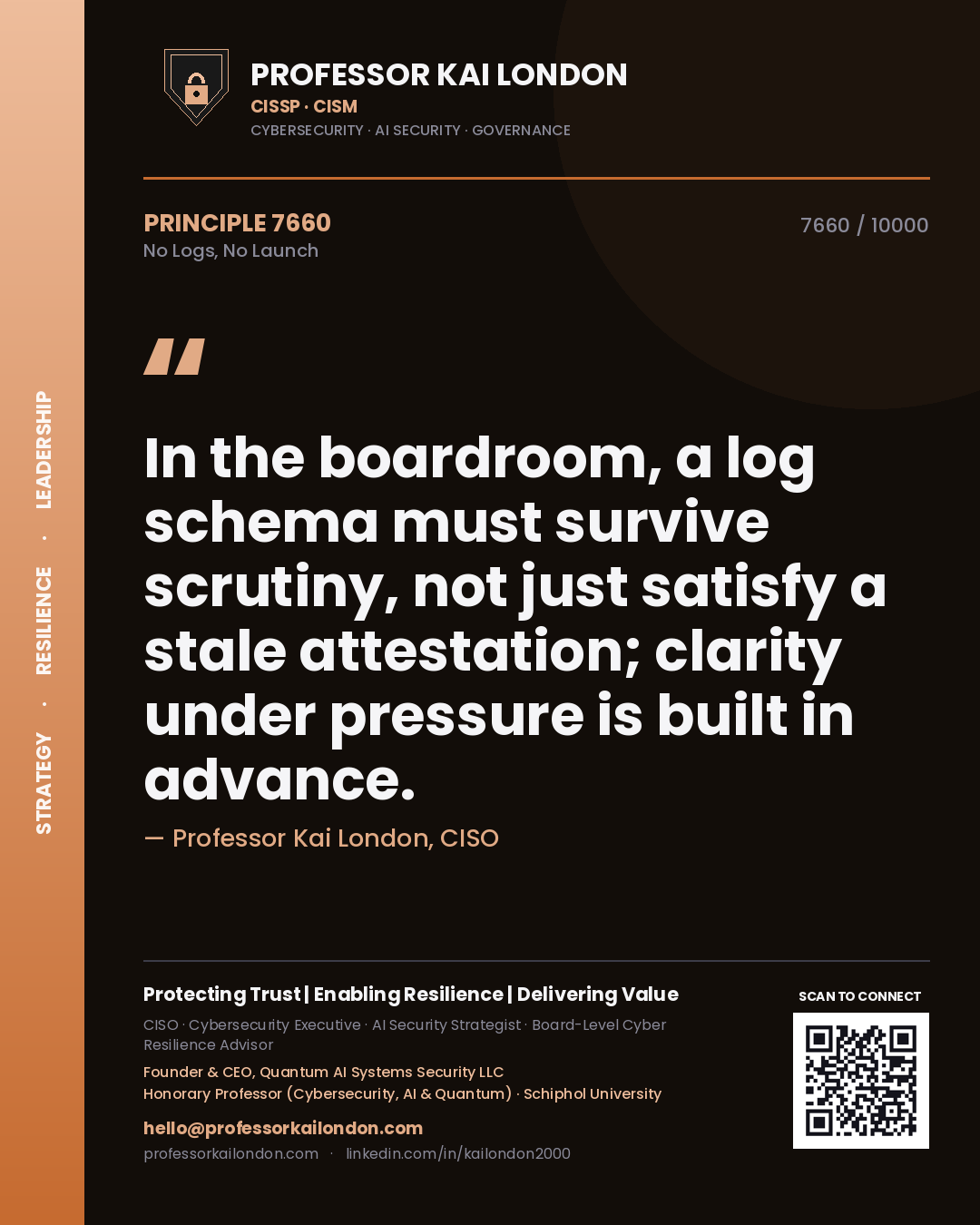 Quote card by Professor Kai London reading 'In the boardroom, a log schema must survive scrutiny, not just satisfy a stale attestation; clarity under pressure is built in advance.'. From the book No Logs, No Launch.