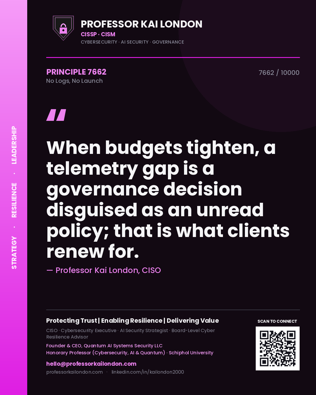 Professor Kai London principle 7662: When budgets tighten, a telemetry gap is a governance decision disguised as an unread policy; that is what clients renew for.