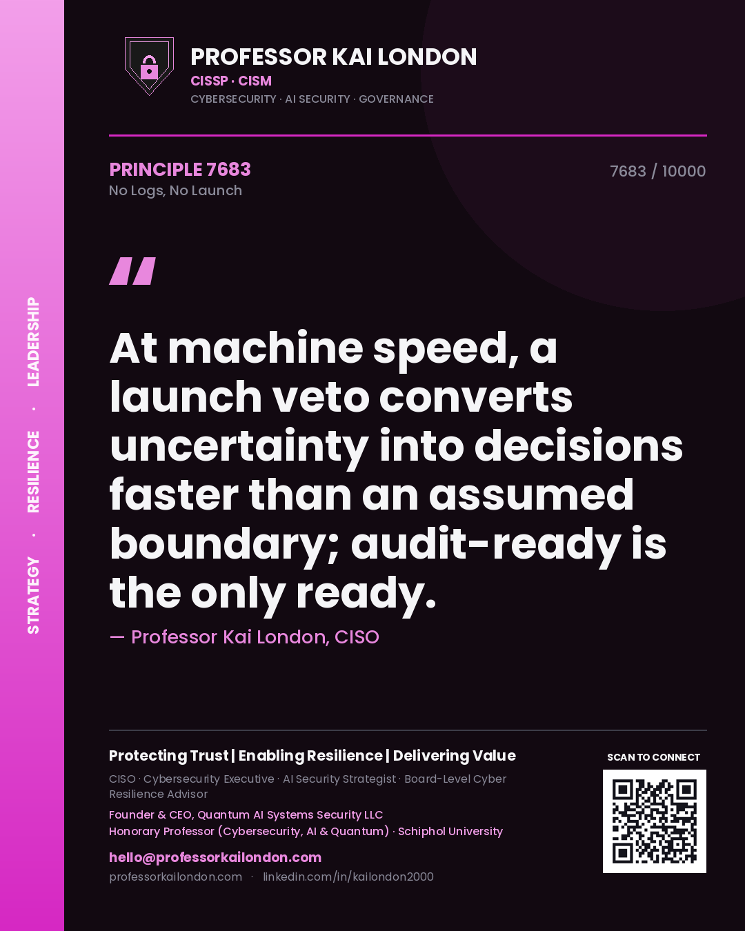 Quote card by Professor Kai London reading 'At machine speed, a launch veto converts uncertainty into decisions faster than an assumed boundary; audit-ready is the only ready.'. From the book No Logs, No Launch.