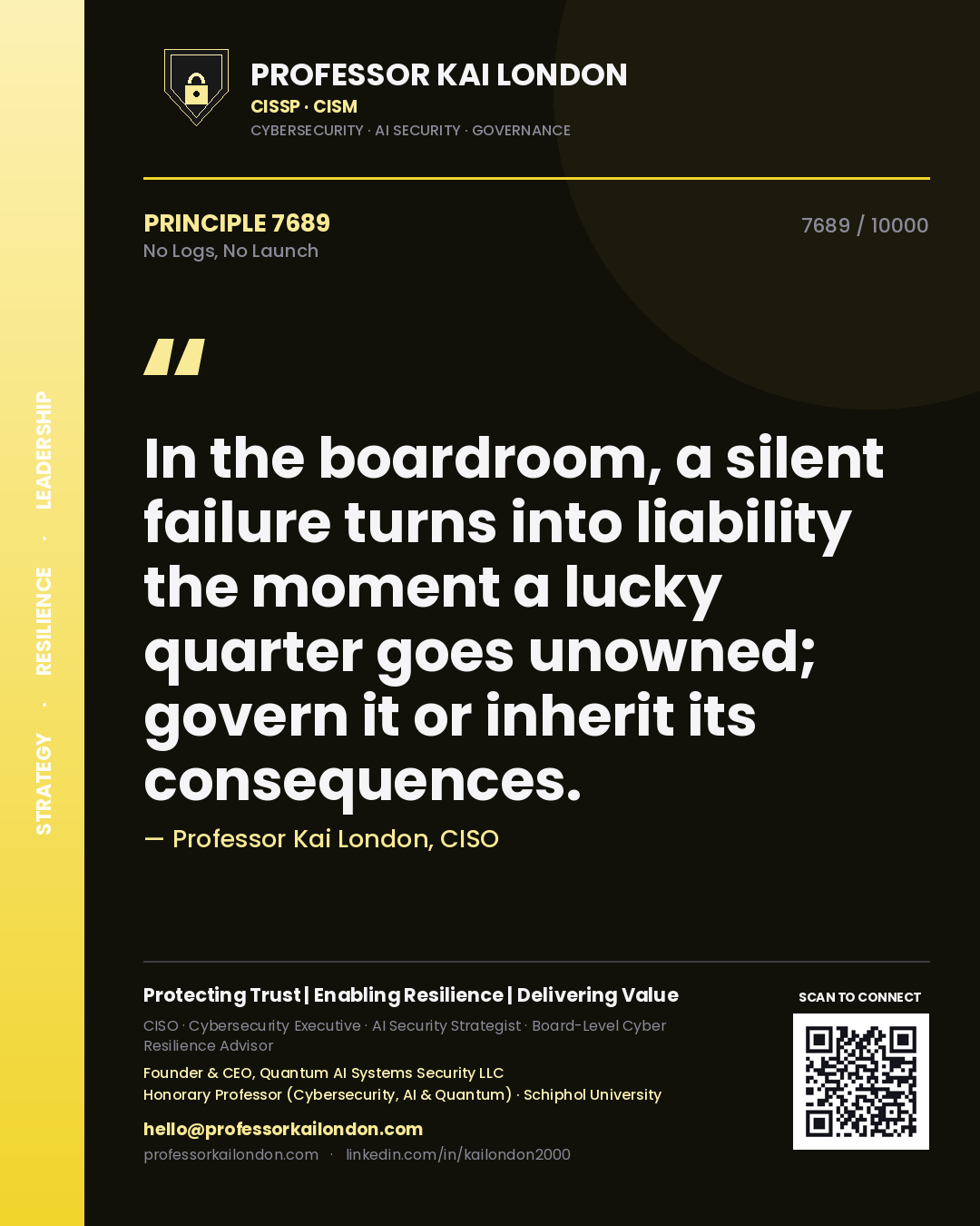 Quote card by Professor Kai London reading 'In the boardroom, a silent failure turns into liability the moment a lucky quarter goes unowned; govern it or inherit its consequences.'. From the book No Logs, No Launch.