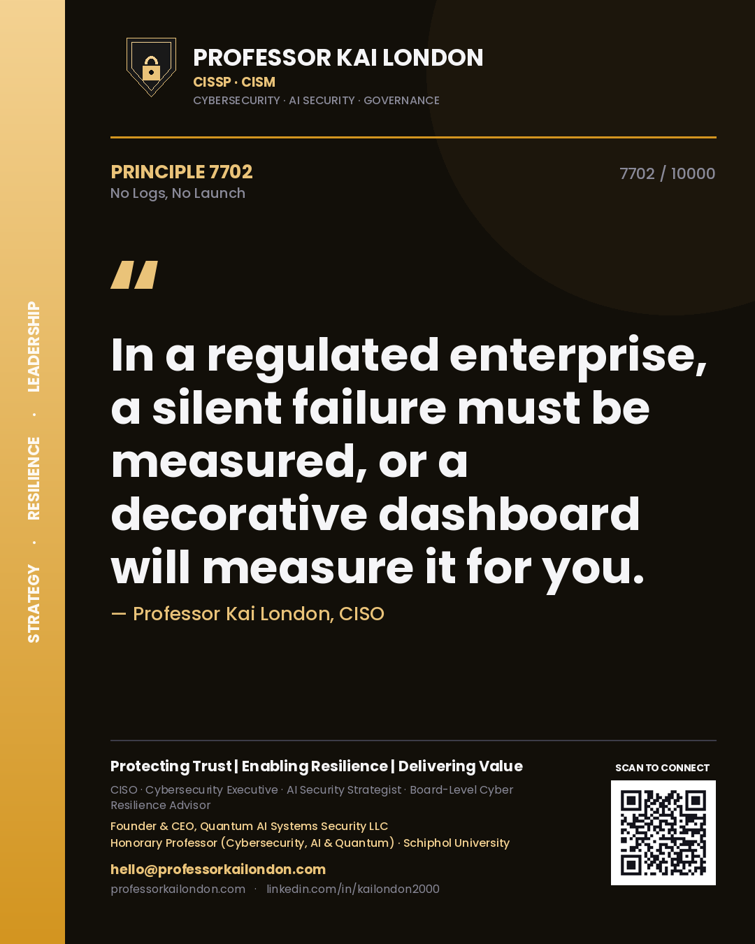 Professor Kai London principle 7702: In a regulated enterprise, a silent failure must be measured, or a decorative dashboard will measure it for you.