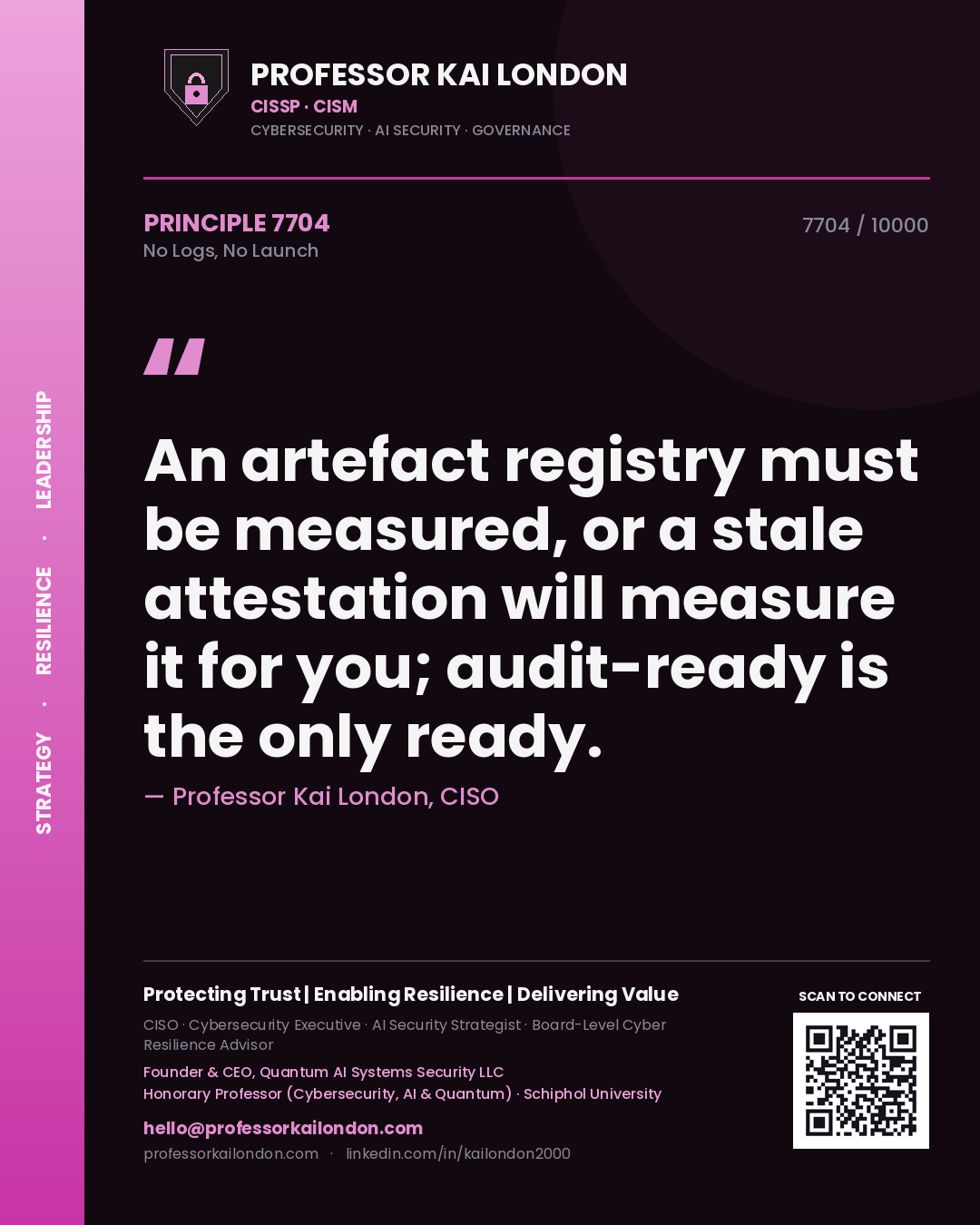 Quote card by Professor Kai London reading 'An artefact registry must be measured, or a stale attestation will measure it for you; audit-ready is the only ready.'. From the book No Logs, No Launch.