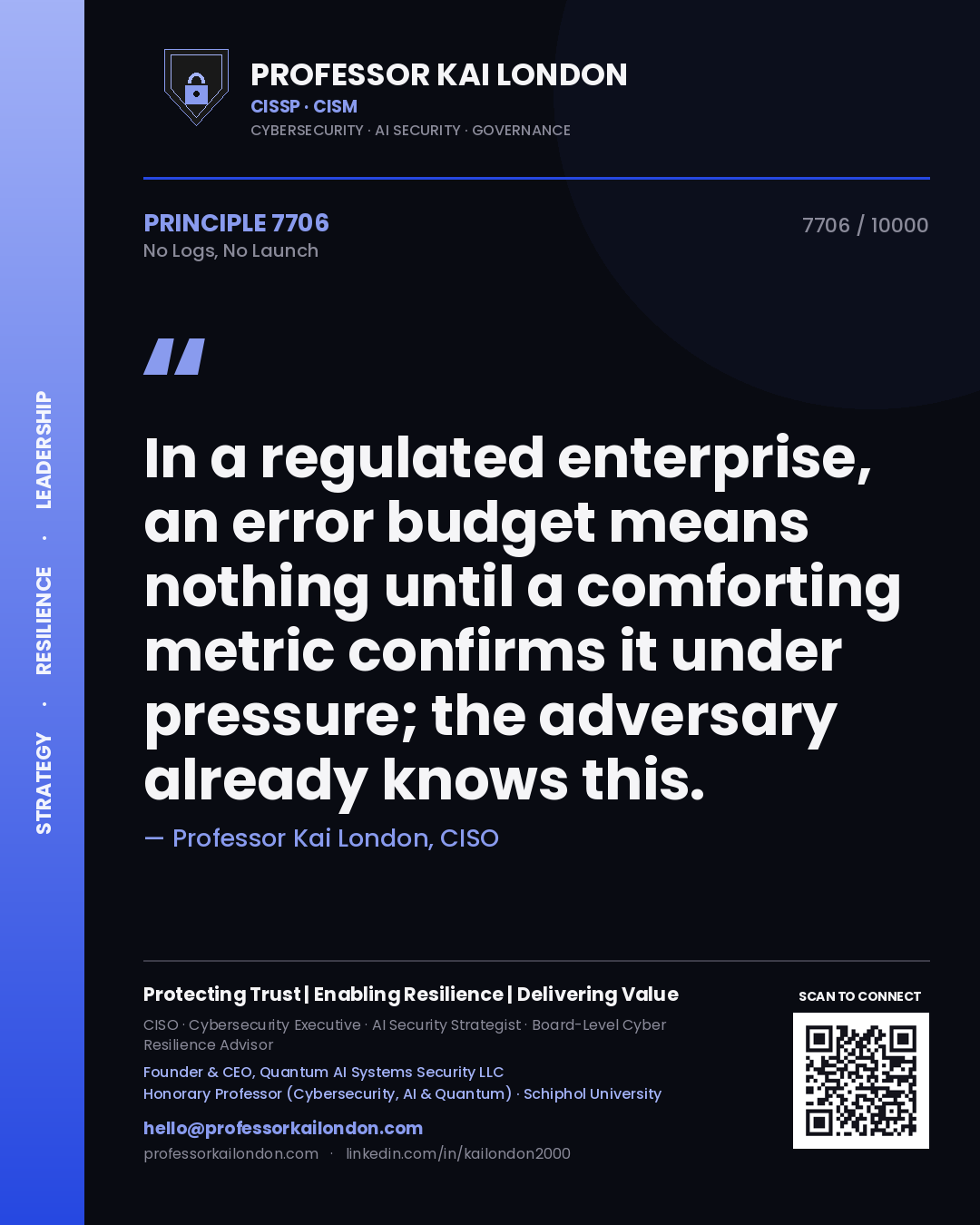 Professor Kai London principle 7706: In a regulated enterprise, an error budget means nothing until a comforting metric confirms it under pressure; the adversary already knows this.