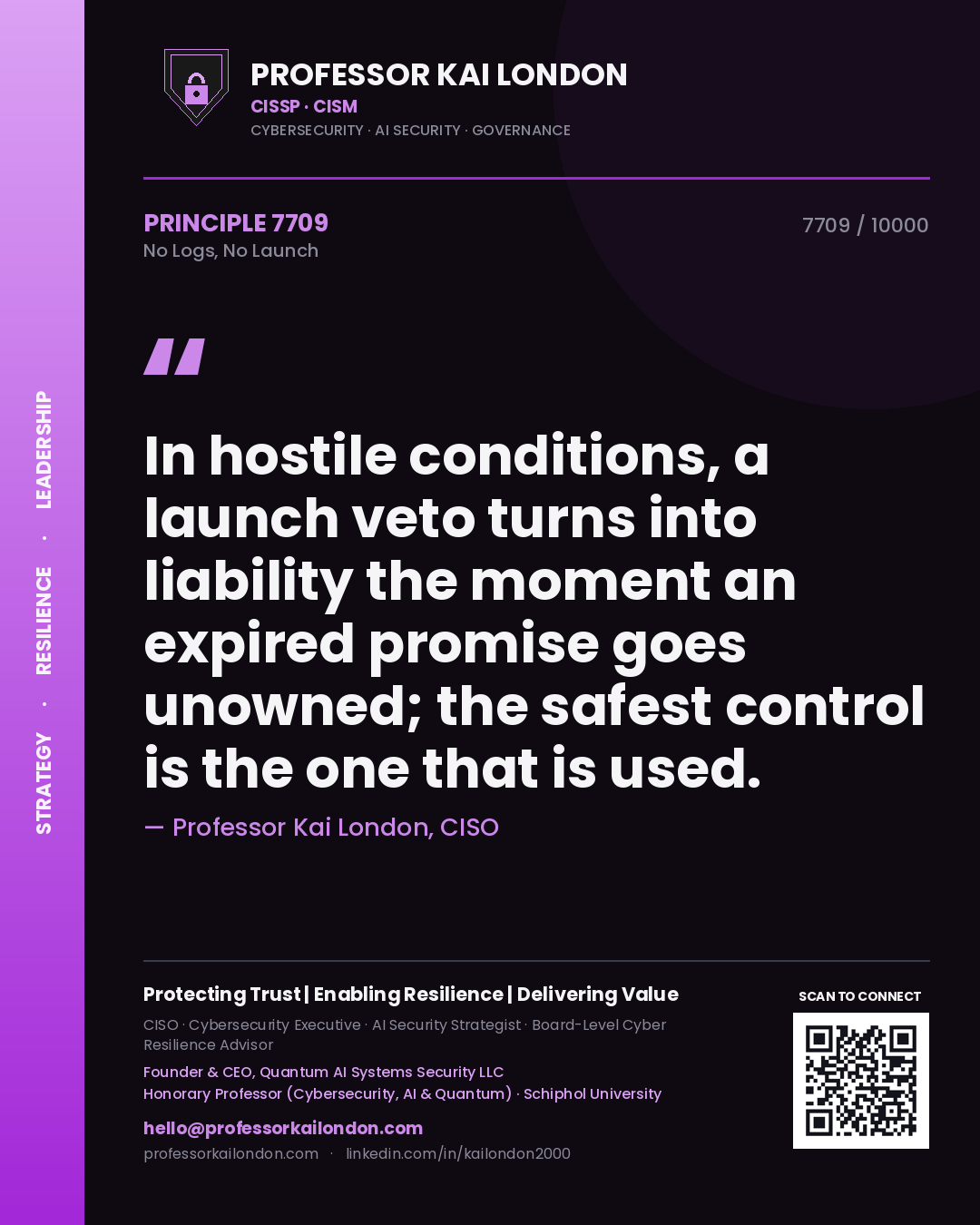 Quote card by Professor Kai London reading 'In hostile conditions, a launch veto turns into liability the moment an expired promise goes unowned; the safest control is the one that is used.'. From the book No Logs, No Launch.