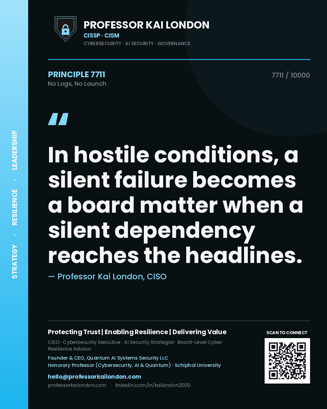 Quote card by Professor Kai London reading 'In hostile conditions, a silent failure becomes a board matter when a silent dependency reaches the headlines.'. From the book No Logs, No Launch.
