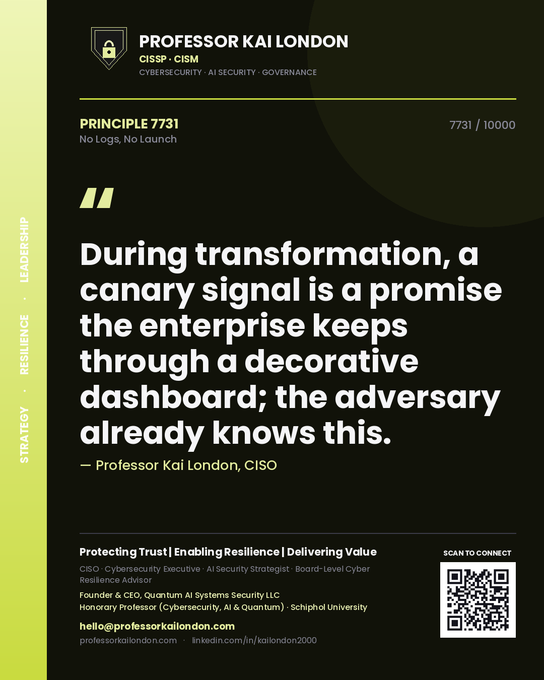 Quote card by Professor Kai London reading 'During transformation, a canary signal is a promise the enterprise keeps through a decorative dashboard; the adversary already knows this.'. From the book No Logs, No Launch.