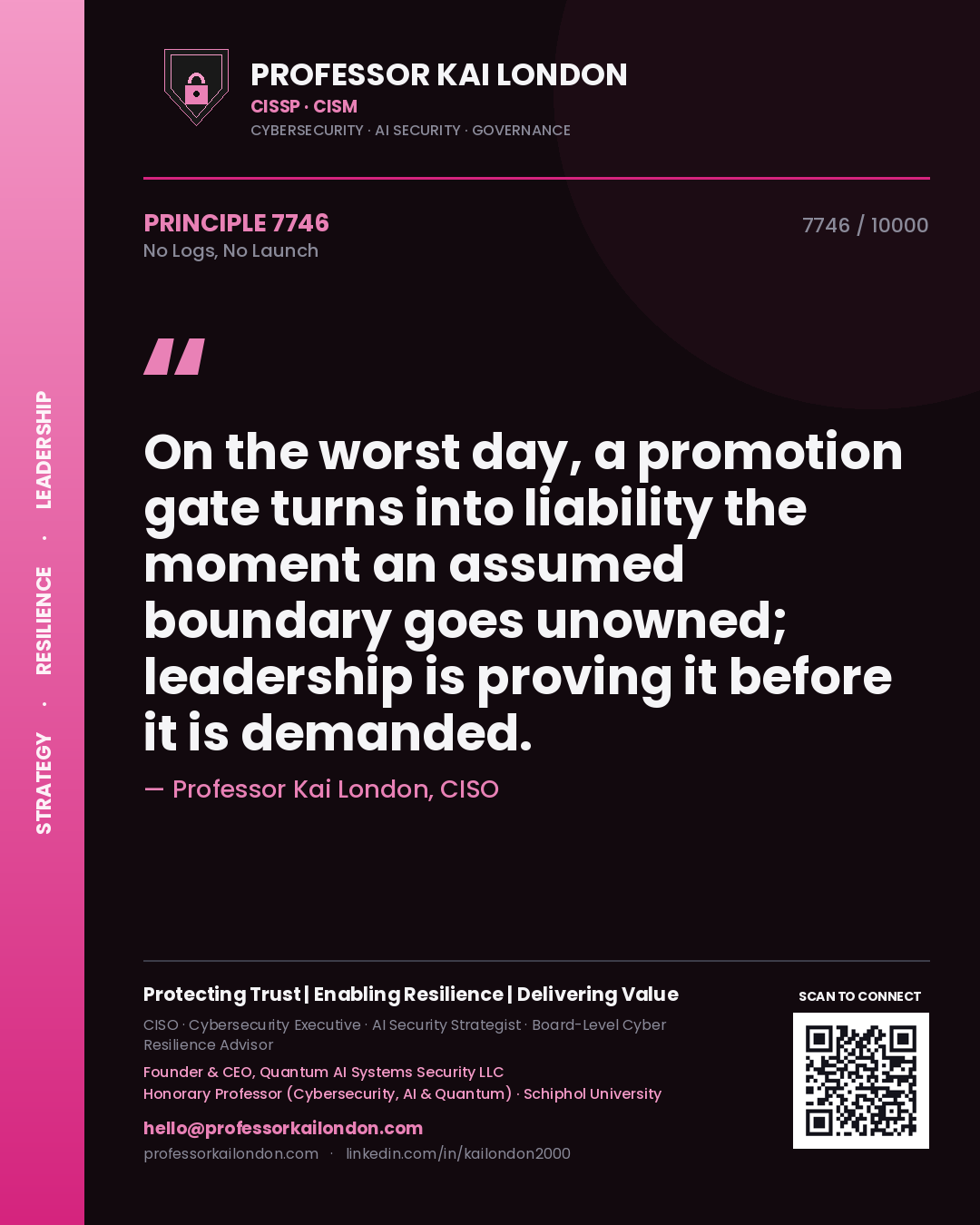 Professor Kai London principle 7746: On the worst day, a promotion gate turns into liability the moment an assumed boundary goes unowned; leadership is proving it before it is demanded.