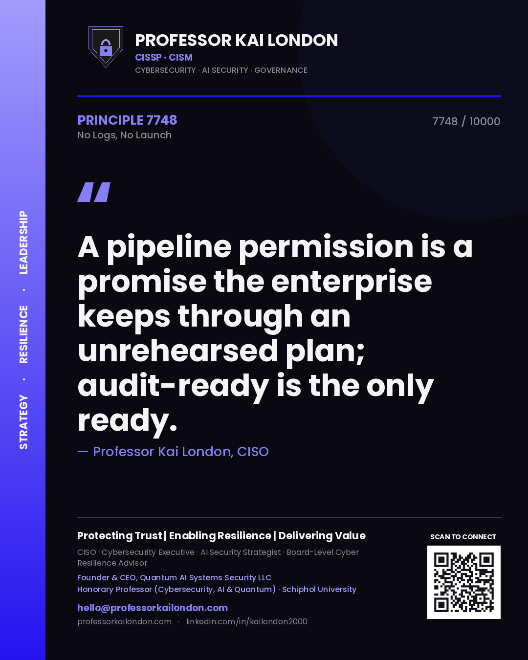 Professor Kai London principle 7748: A pipeline permission is a promise the enterprise keeps through an unrehearsed plan; audit-ready is the only ready.