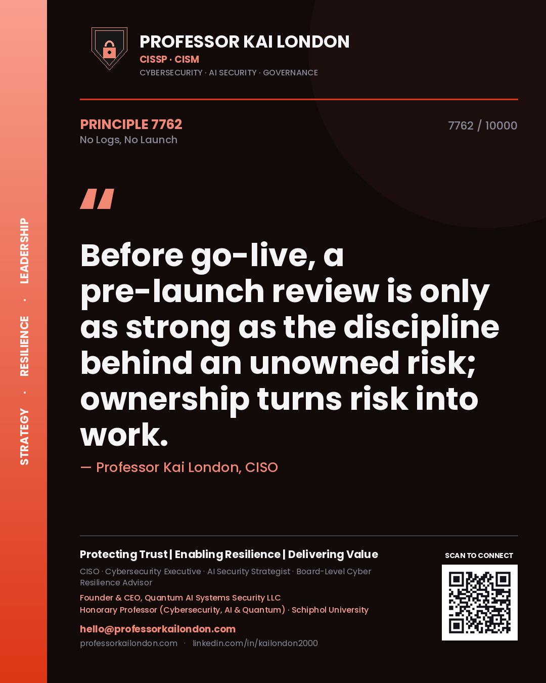 Professor Kai London principle 7762: Before go-live, a pre-launch review is only as strong as the discipline behind an unowned risk; ownership turns risk into work.