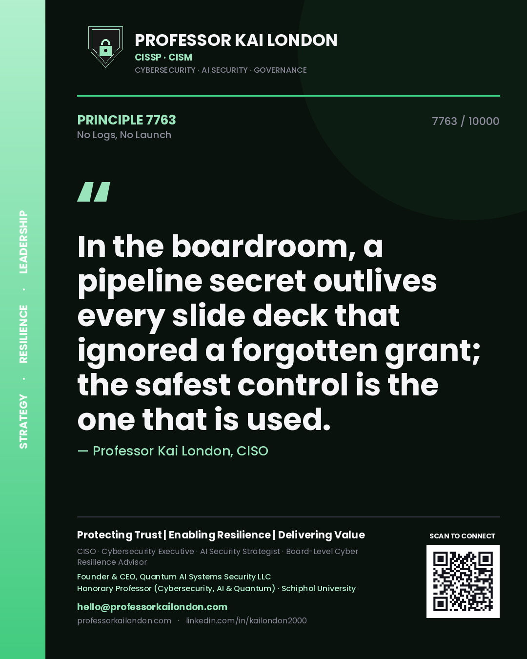 Quote card by Professor Kai London reading 'In the boardroom, a pipeline secret outlives every slide deck that ignored a forgotten grant; the safest control is the one that is used.'. From the book No Logs, No Launch.
