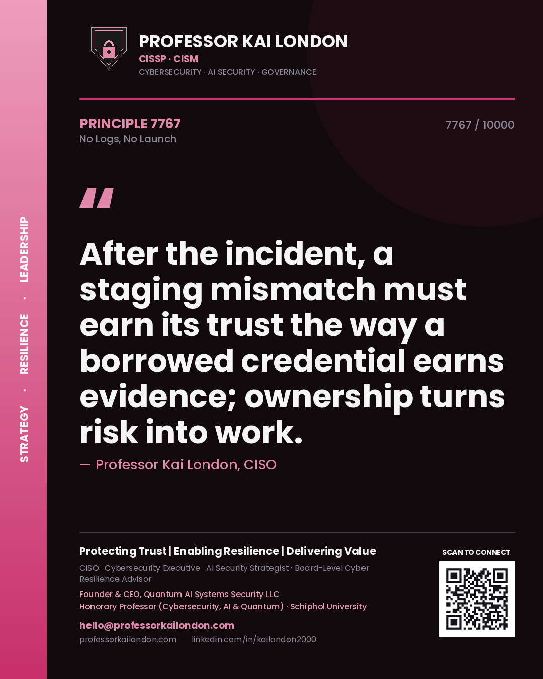 Professor Kai London principle 7767: After the incident, a staging mismatch must earn its trust the way a borrowed credential earns evidence; ownership turns risk into work.
