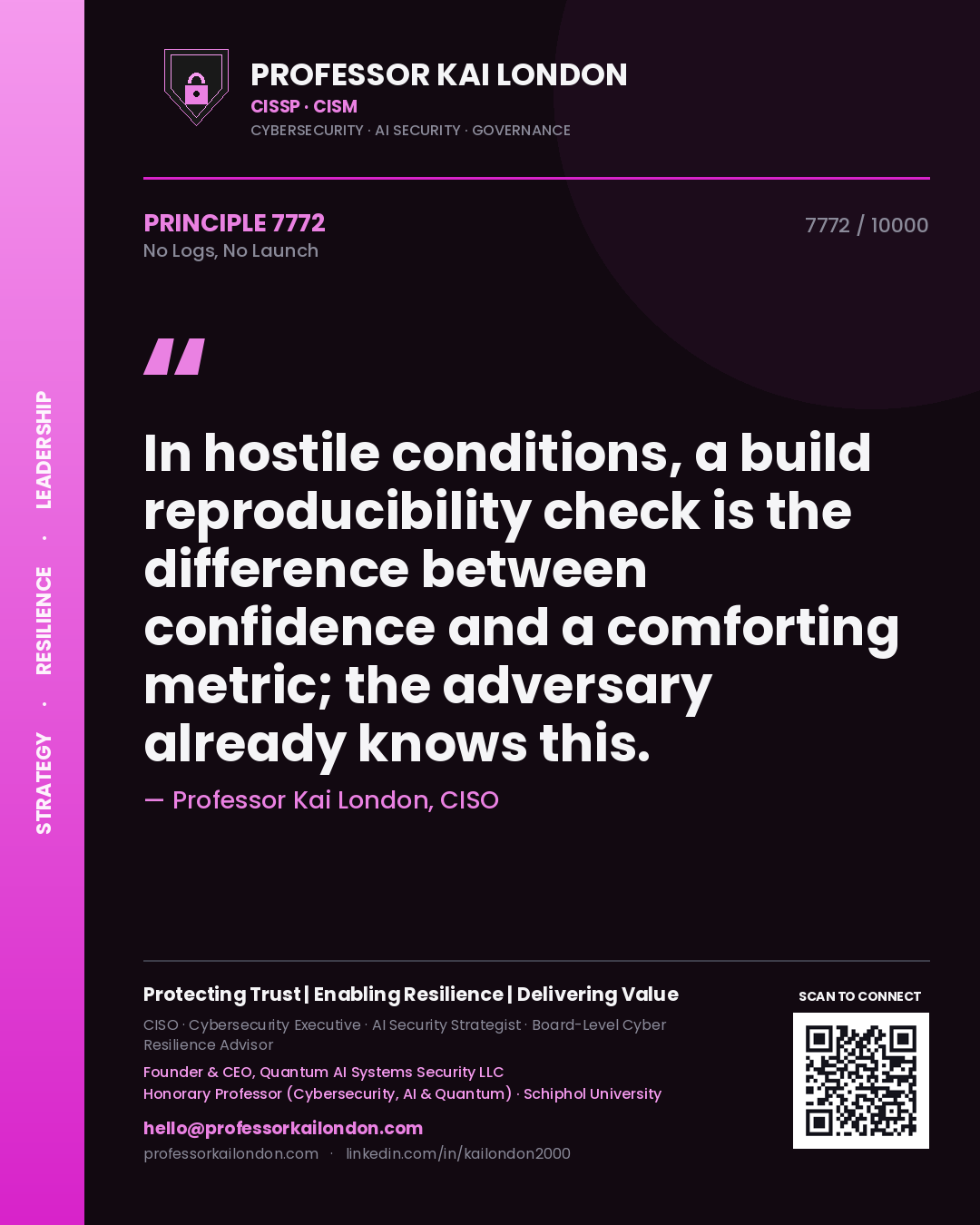 Quote card by Professor Kai London reading 'In hostile conditions, a build reproducibility check is the difference between confidence and a comforting metric; the adversary already knows this.'. From the book No Logs, No Launch.