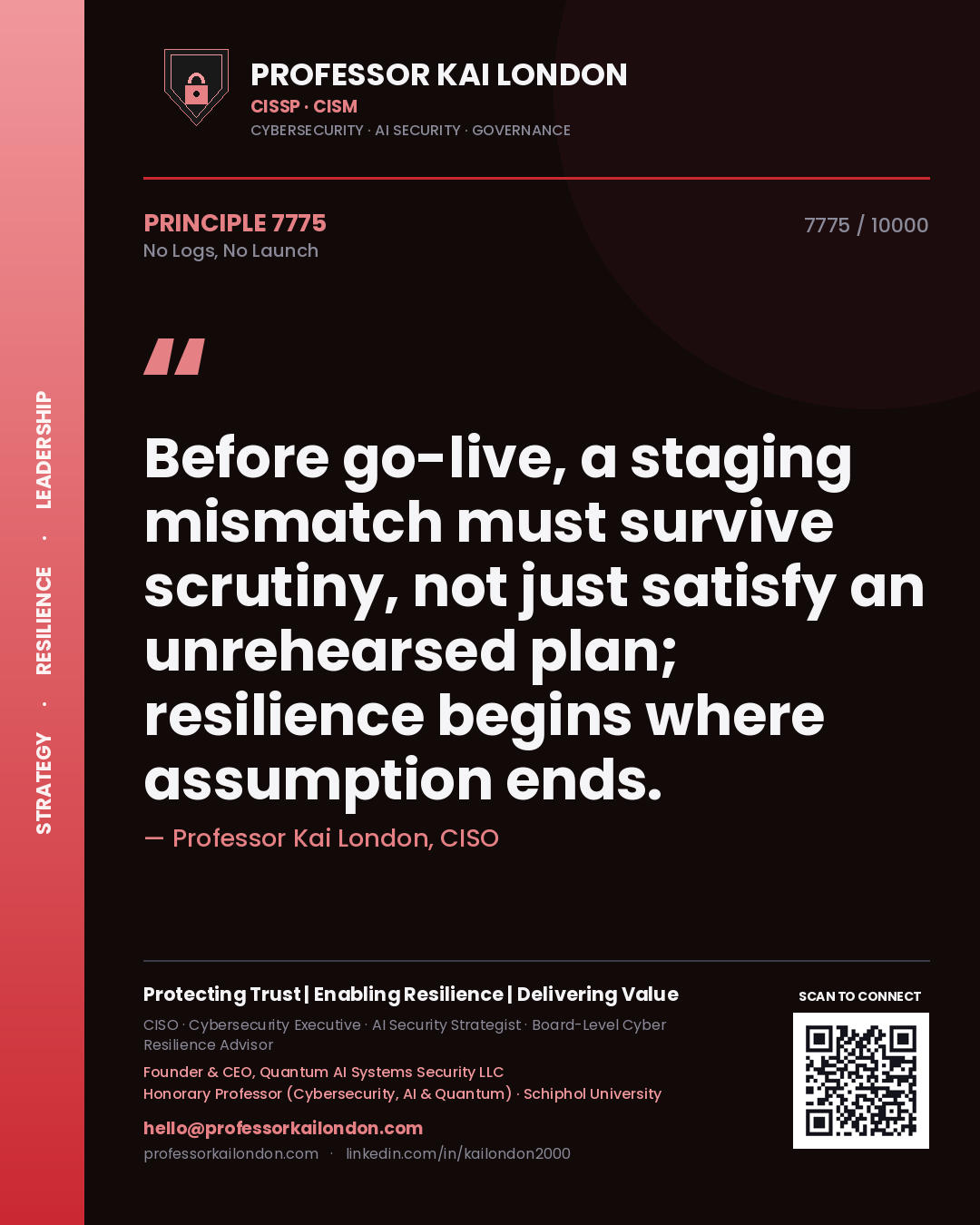 Quote card by Professor Kai London reading 'Before go-live, a staging mismatch must survive scrutiny, not just satisfy an unrehearsed plan; resilience begins where assumption ends.'. From the book No Logs, No Launch.