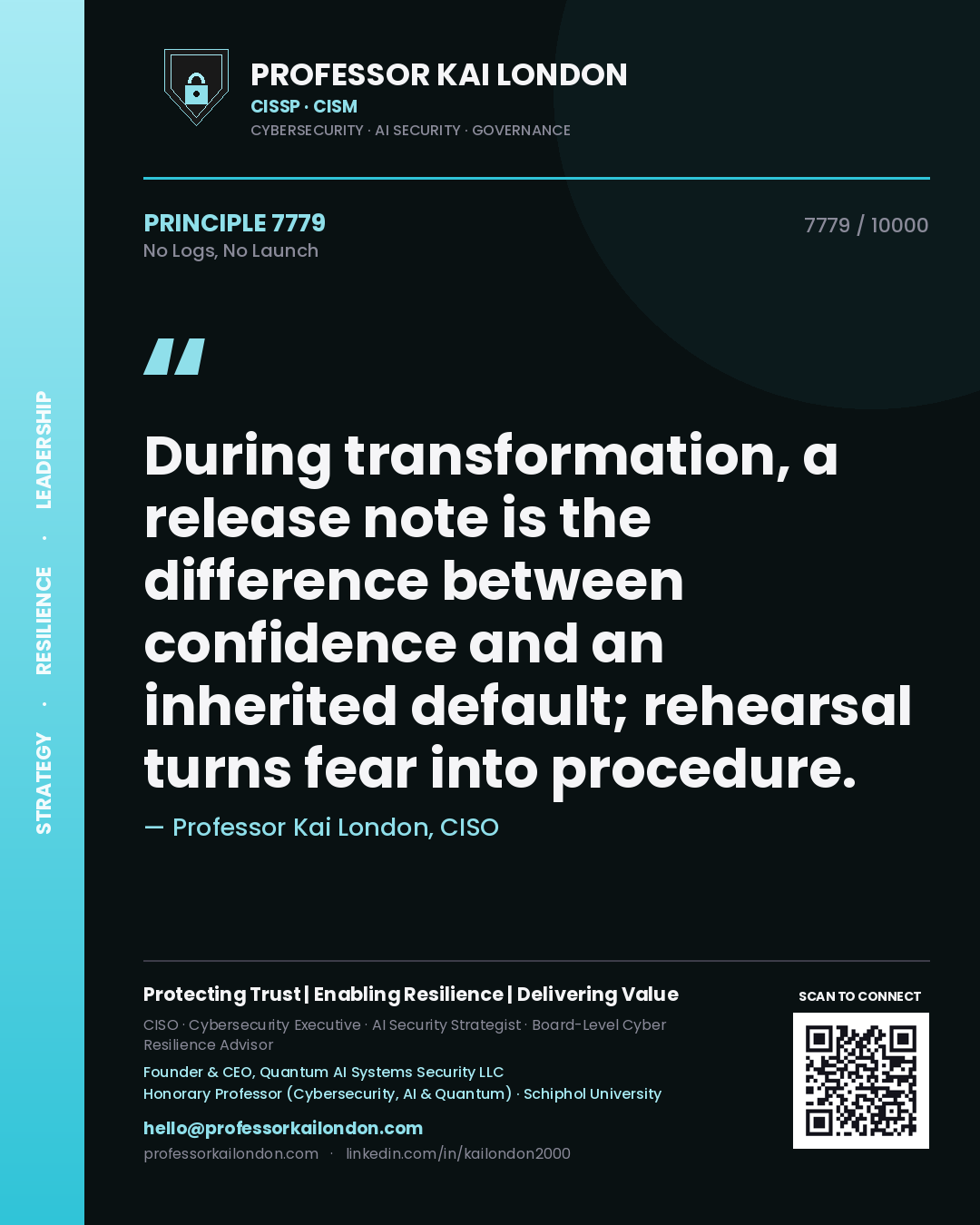 Professor Kai London principle 7779: During transformation, a release note is the difference between confidence and an inherited default; rehearsal turns fear into procedure.