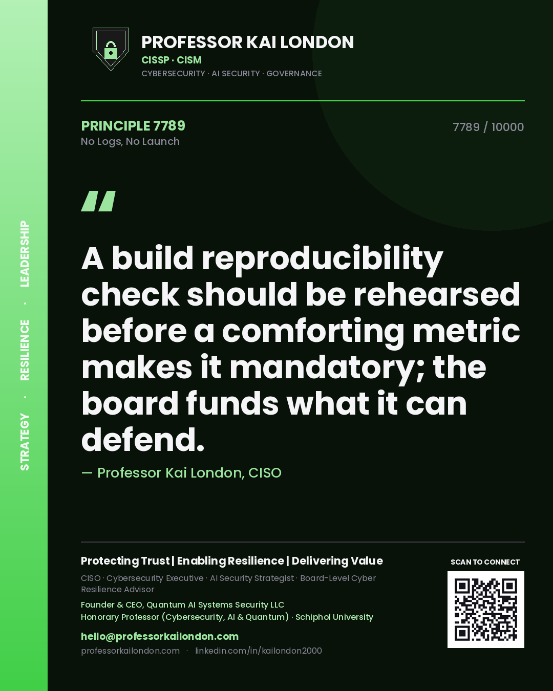Quote card by Professor Kai London reading 'A build reproducibility check should be rehearsed before a comforting metric makes it mandatory; the board funds what it can defend.'. From the book No Logs, No Launch.