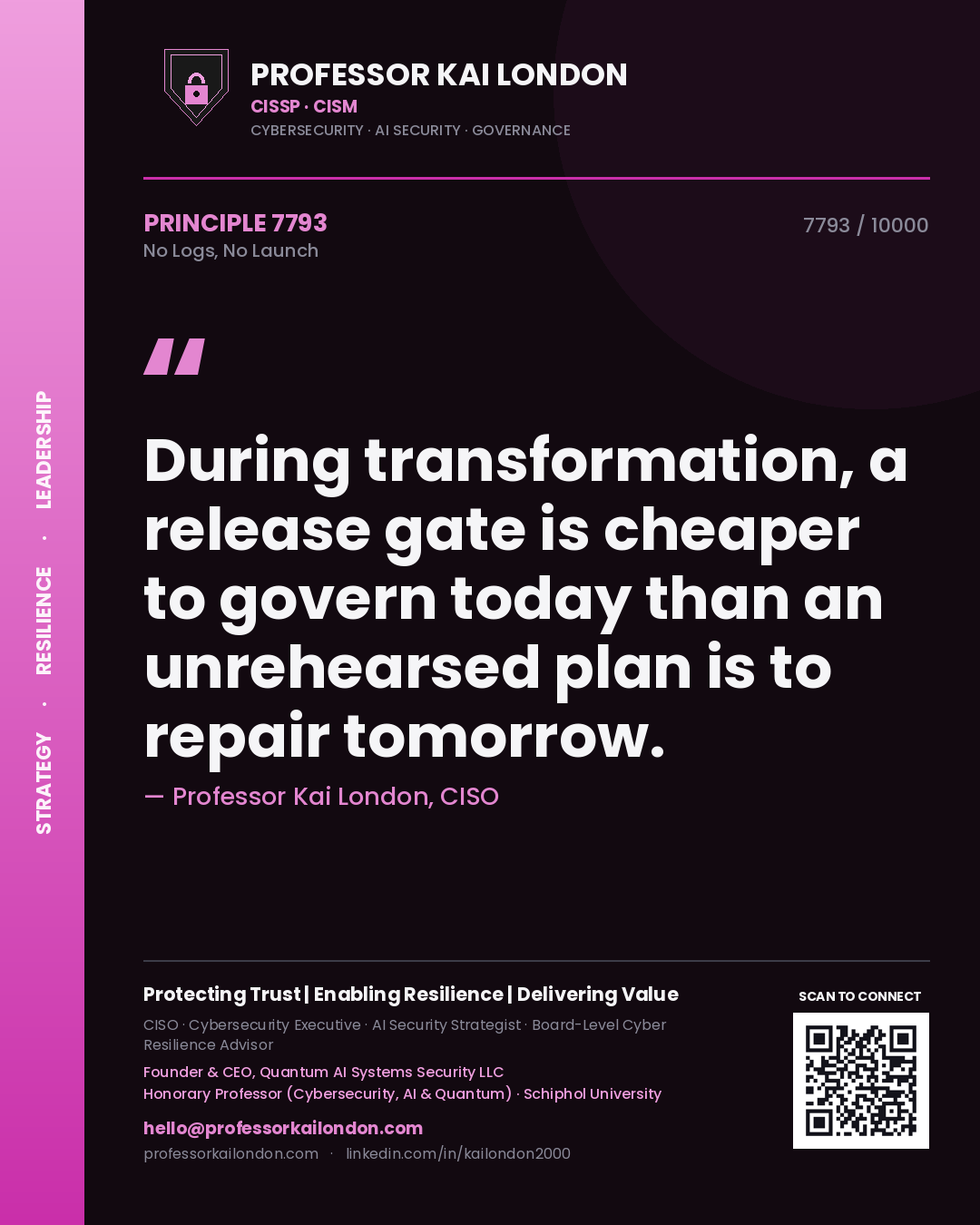 Quote card by Professor Kai London reading 'During transformation, a release gate is cheaper to govern today than an unrehearsed plan is to repair tomorrow.'. From the book No Logs, No Launch.