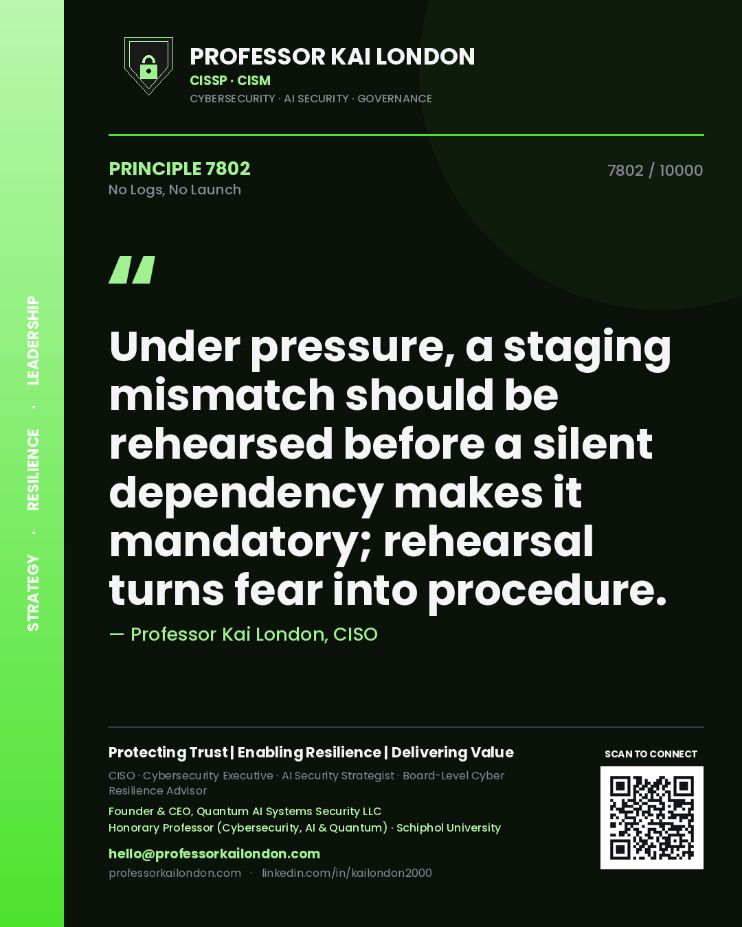 Quote card by Professor Kai London reading 'Under pressure, a staging mismatch should be rehearsed before a silent dependency makes it mandatory; rehearsal turns fear into procedure.'. From the book No Logs, No Launch.