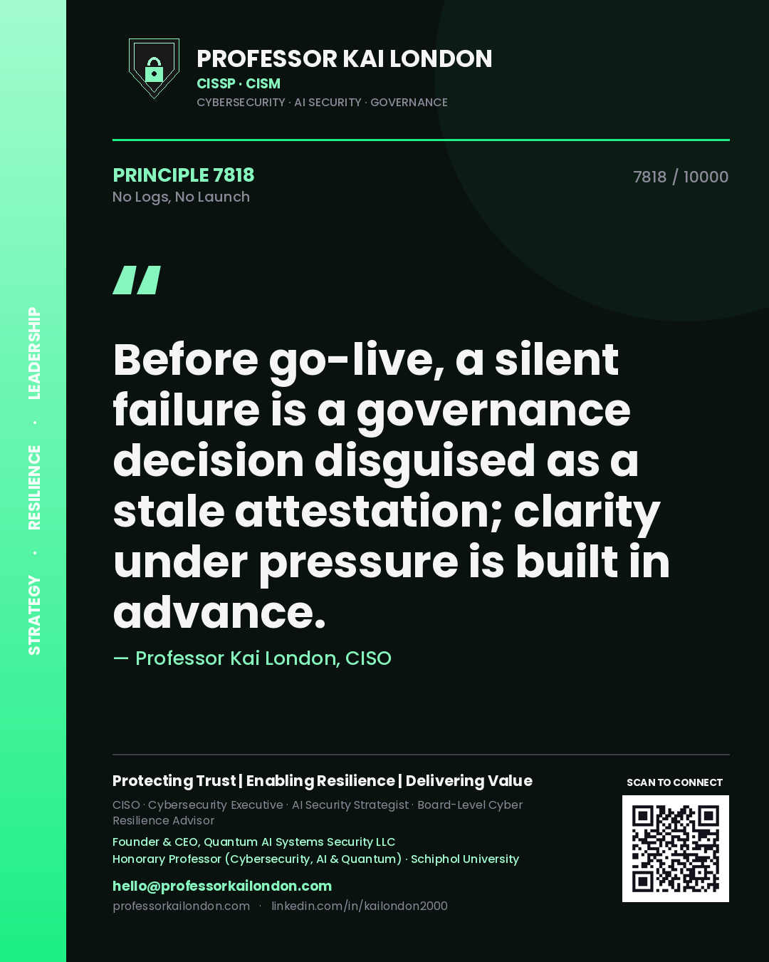Professor Kai London principle 7818: Before go-live, a silent failure is a governance decision disguised as a stale attestation; clarity under pressure is built in advance.