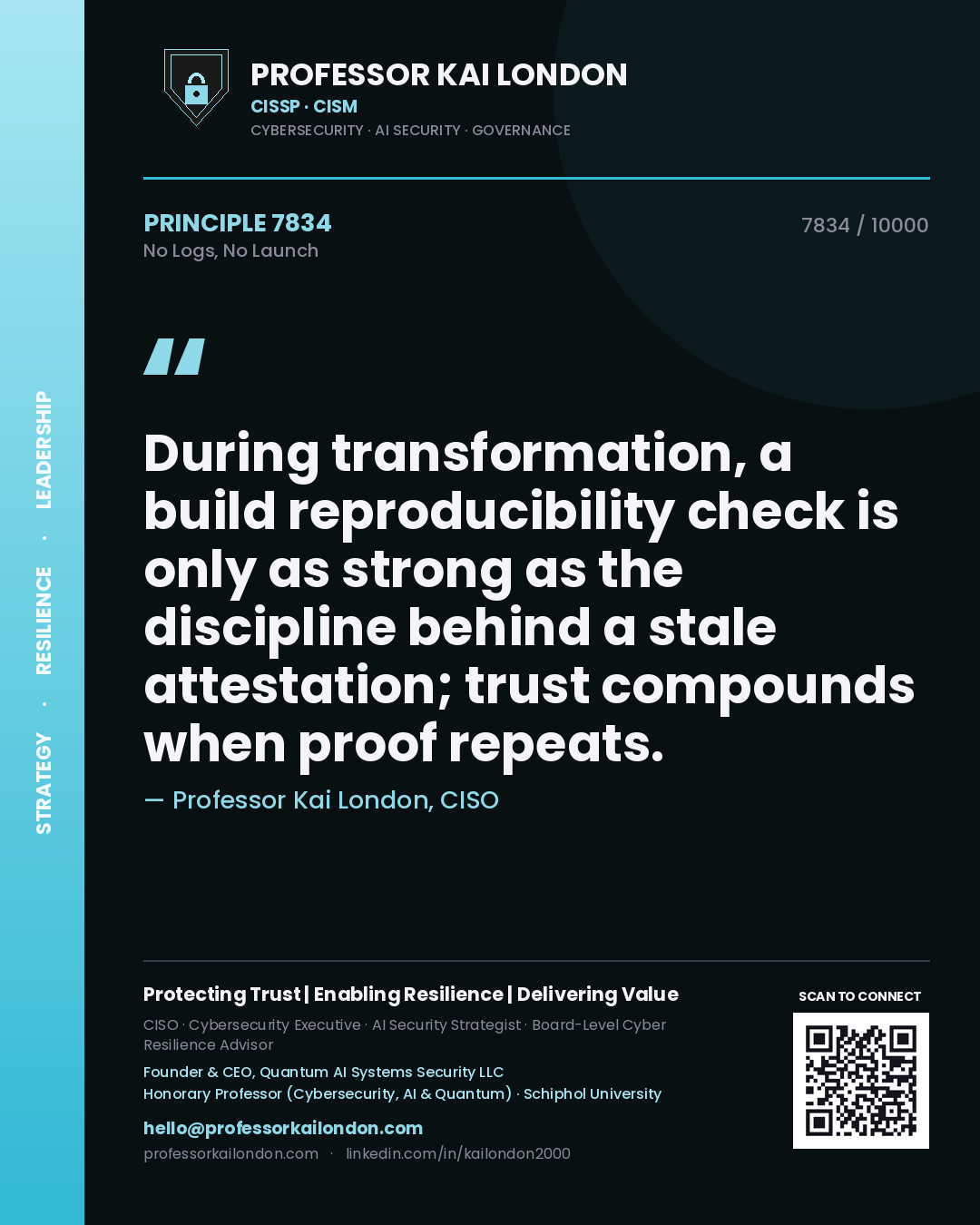 Quote card by Professor Kai London reading 'During transformation, a build reproducibility check is only as strong as the discipline behind a stale attestation; trust compounds when proof repeats.'. From the book No Logs, No Launch.