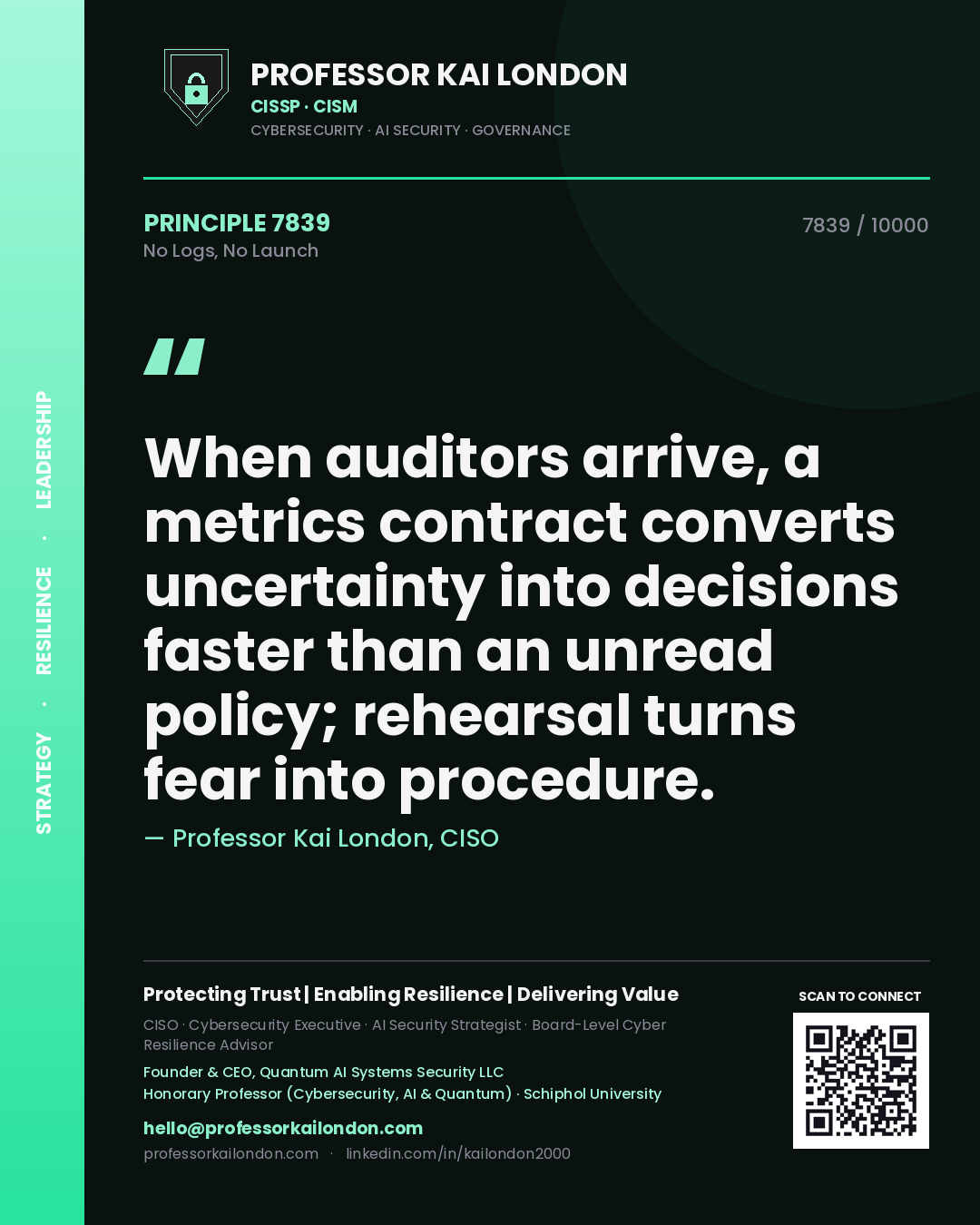 Quote card by Professor Kai London reading 'When auditors arrive, a metrics contract converts uncertainty into decisions faster than an unread policy; rehearsal turns fear into procedure.'. From the book No Logs, No Launch.