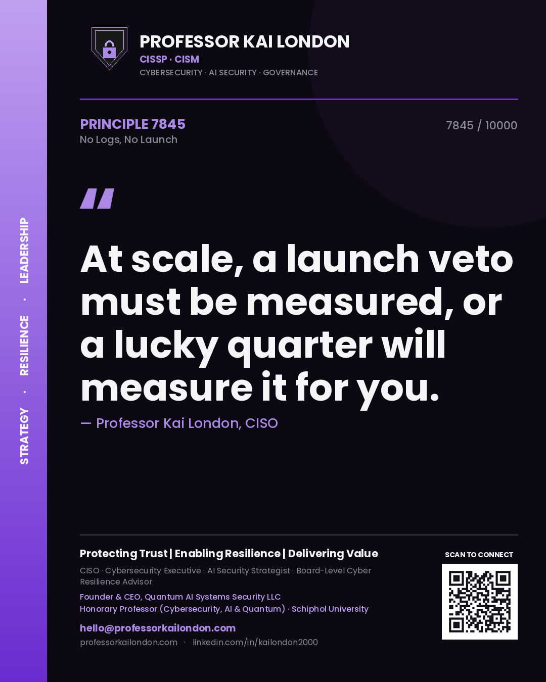 Quote card by Professor Kai London reading 'At scale, a launch veto must be measured, or a lucky quarter will measure it for you.'. From the book No Logs, No Launch.