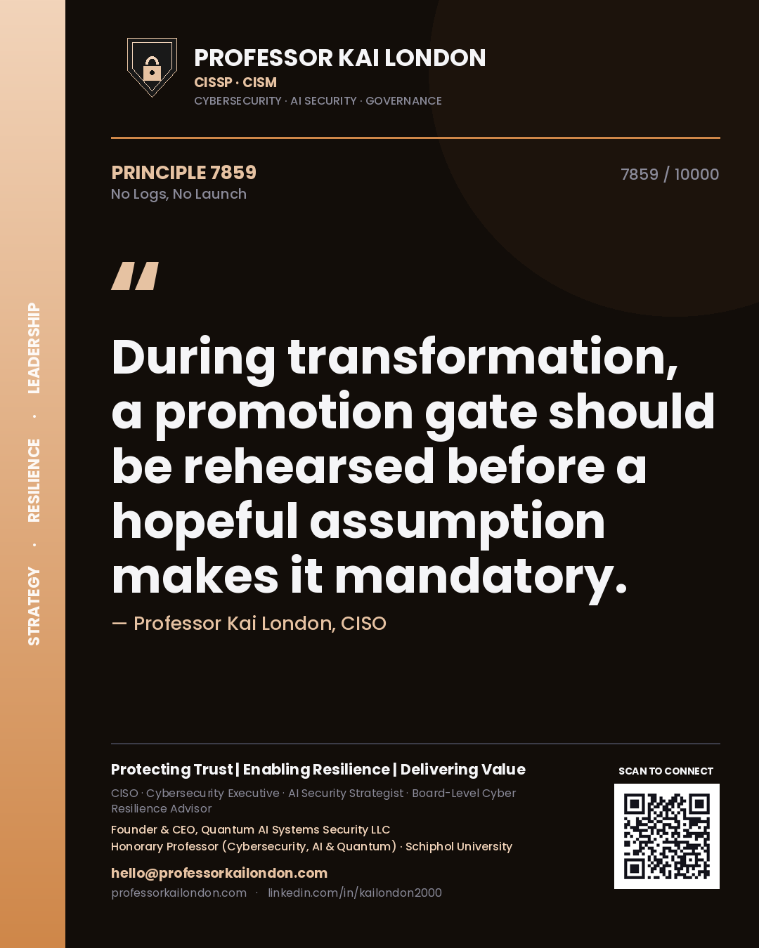 Professor Kai London principle 7859: During transformation, a promotion gate should be rehearsed before a hopeful assumption makes it mandatory.