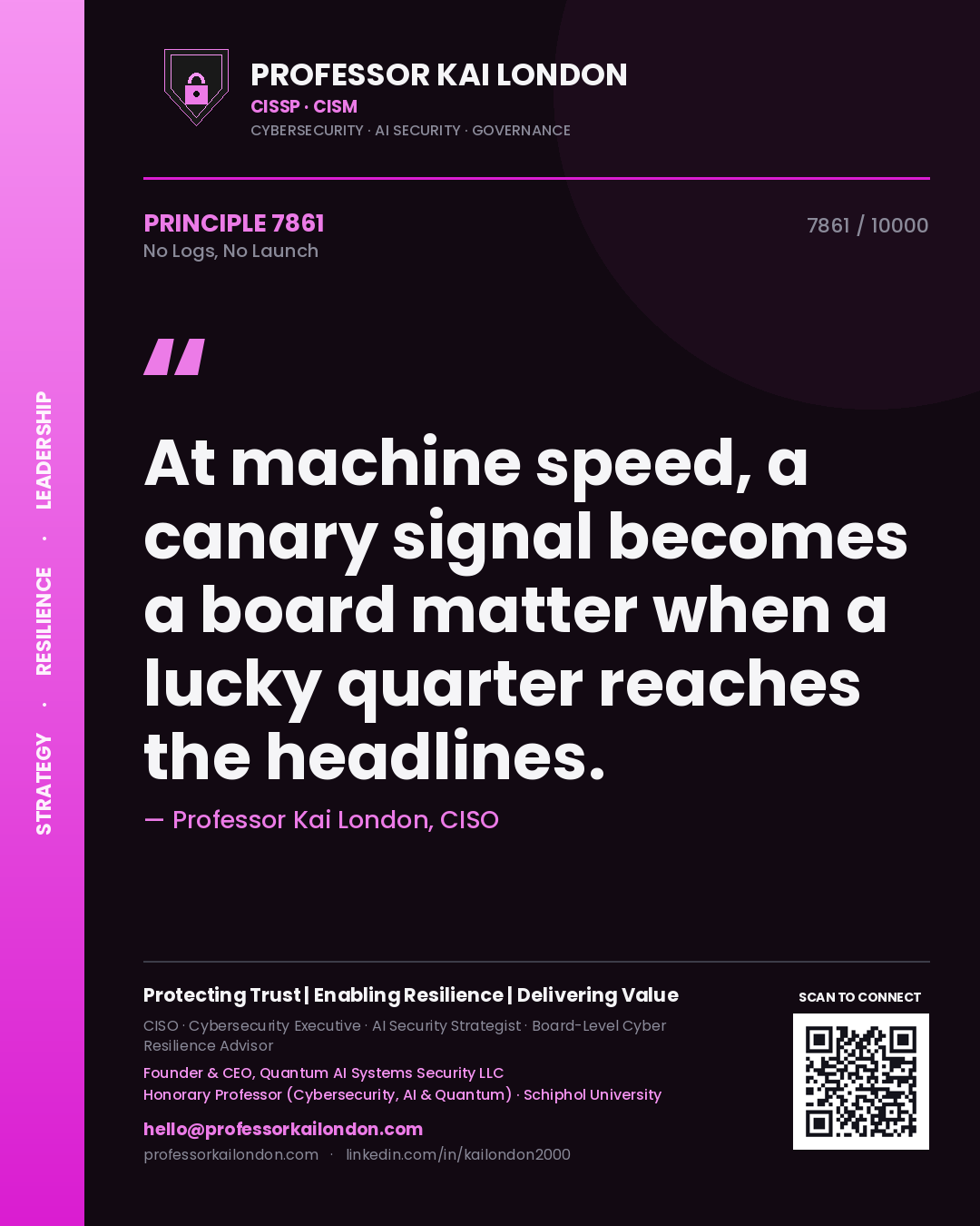 Quote card by Professor Kai London reading 'At machine speed, a canary signal becomes a board matter when a lucky quarter reaches the headlines.'. From the book No Logs, No Launch.