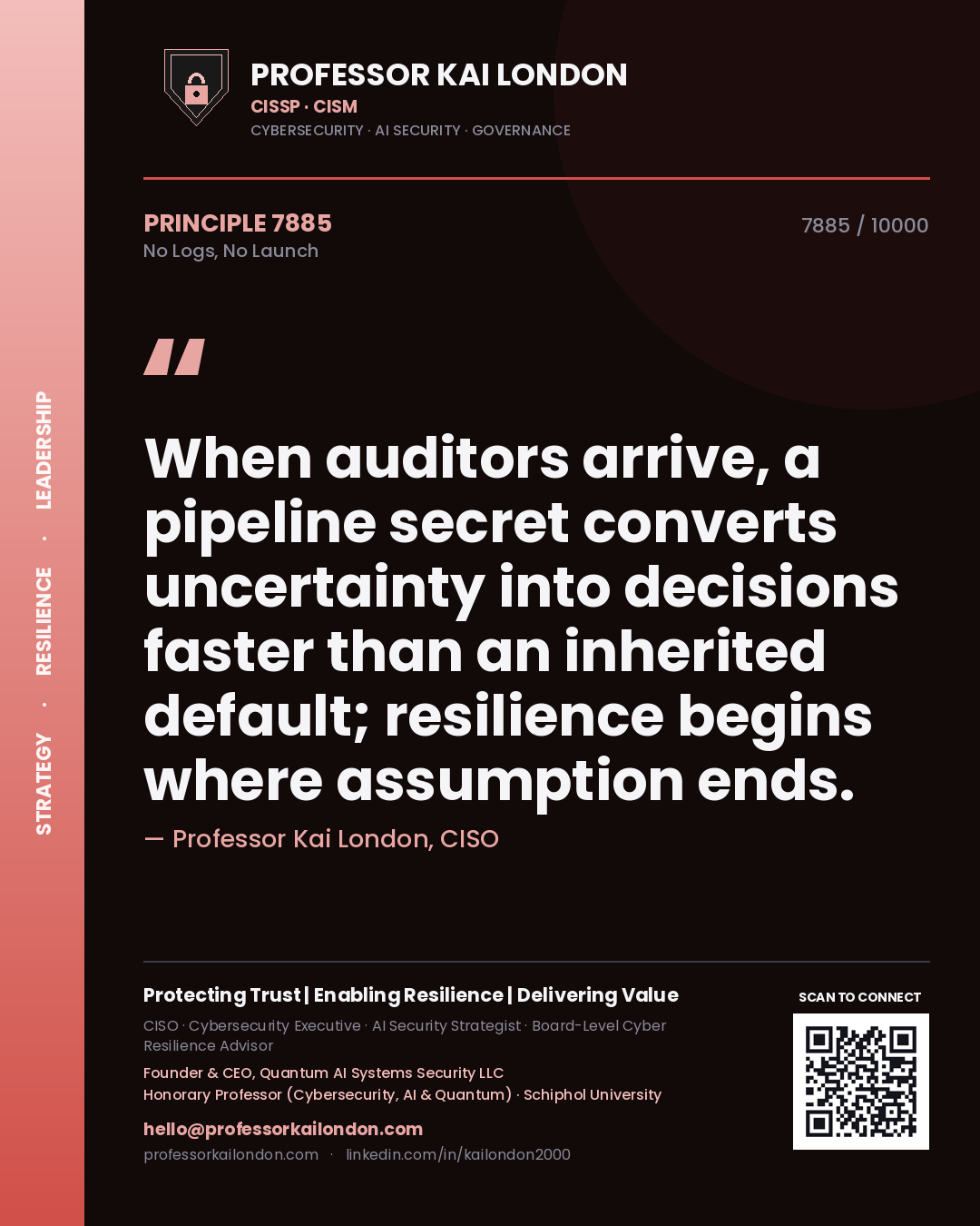 Quote card by Professor Kai London reading 'When auditors arrive, a pipeline secret converts uncertainty into decisions faster than an inherited default; resilience begins where assumption ends.'. From the book No Logs, No Launch.