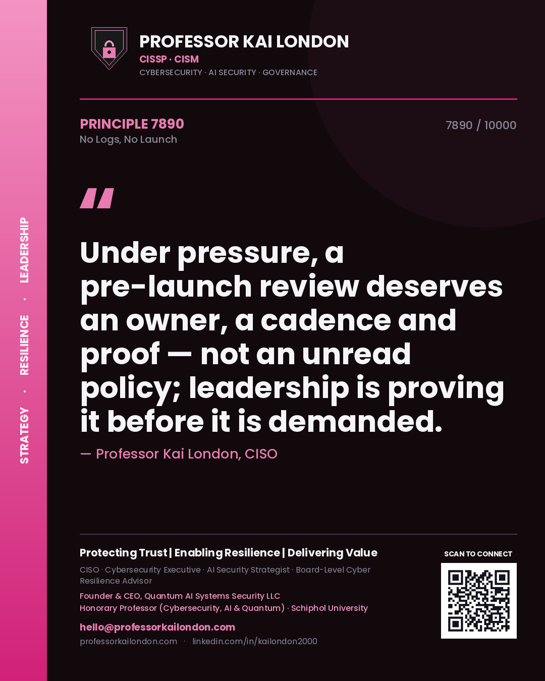 Quote card by Professor Kai London reading 'Under pressure, a pre-launch review deserves an owner, a cadence and proof — not an unread policy; leadership is proving it before it is demanded.'. From the book No Logs, No Launch.