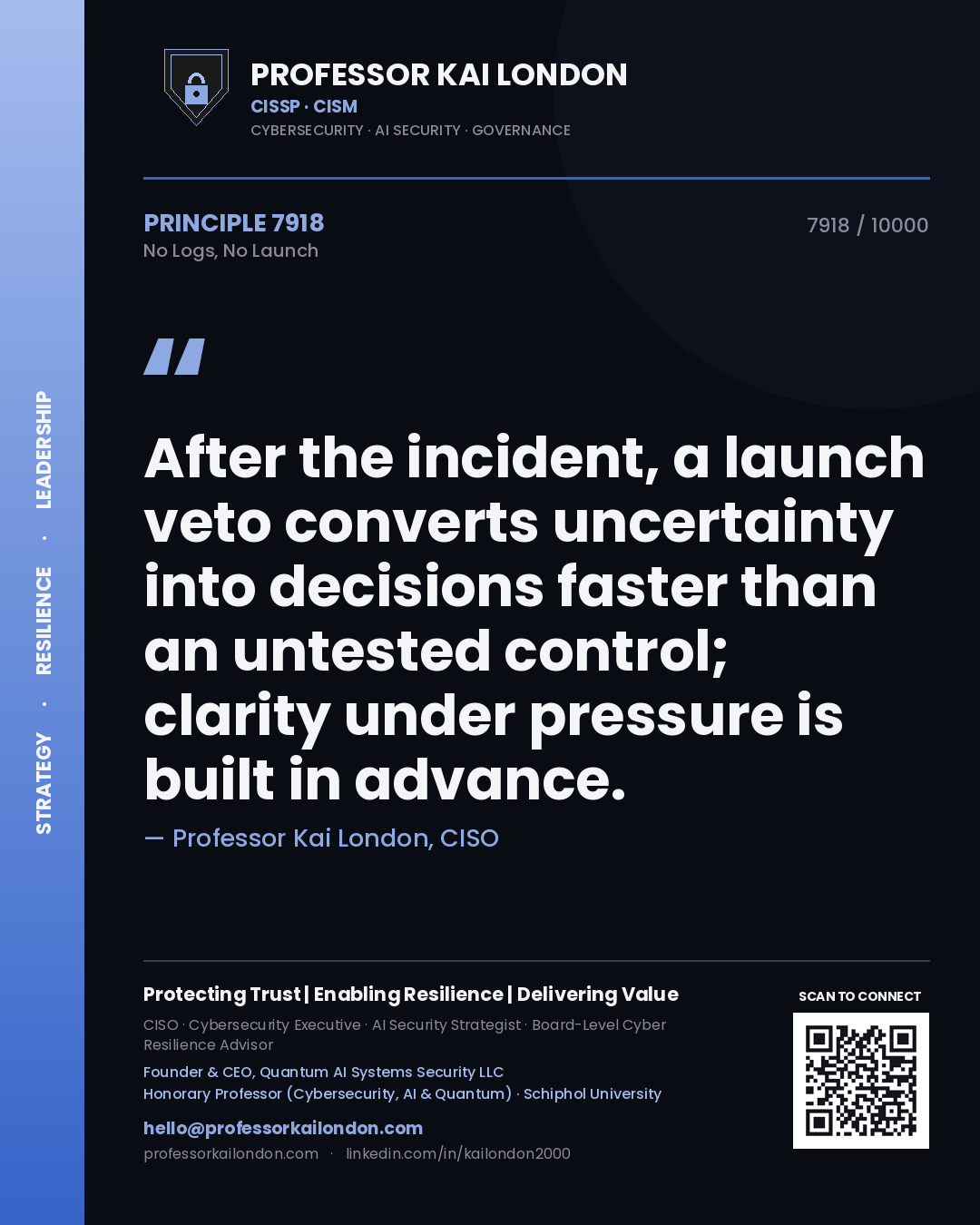 Quote card by Professor Kai London reading 'After the incident, a launch veto converts uncertainty into decisions faster than an untested control; clarity under pressure is built in advance.'. From the book No Logs, No Launch.