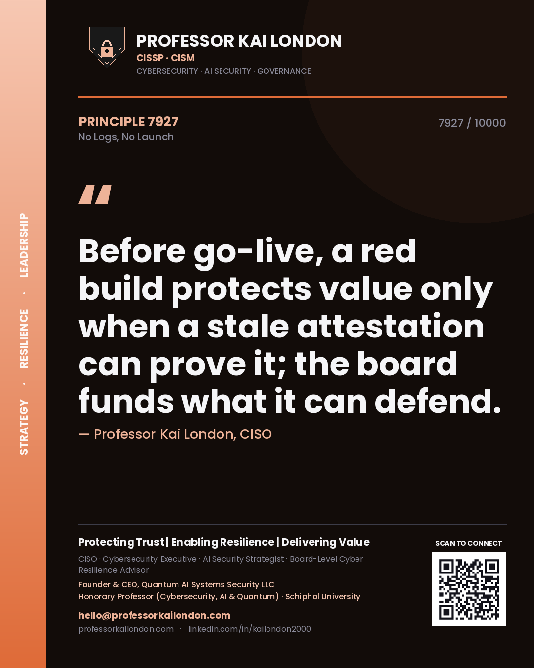 Quote card by Professor Kai London reading 'Before go-live, a red build protects value only when a stale attestation can prove it; the board funds what it can defend.'. From the book No Logs, No Launch.